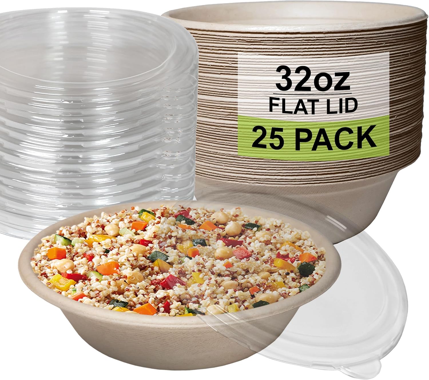 [25 Pack] 32 oz Round Disposable Compostable Paper Bowls with Lids Heavy-Duty, Eco-Friendly Natural Bagasse Unbleached, Heat Resistant, 100% Biodegradable Salad Bowls Alternative to Plastic