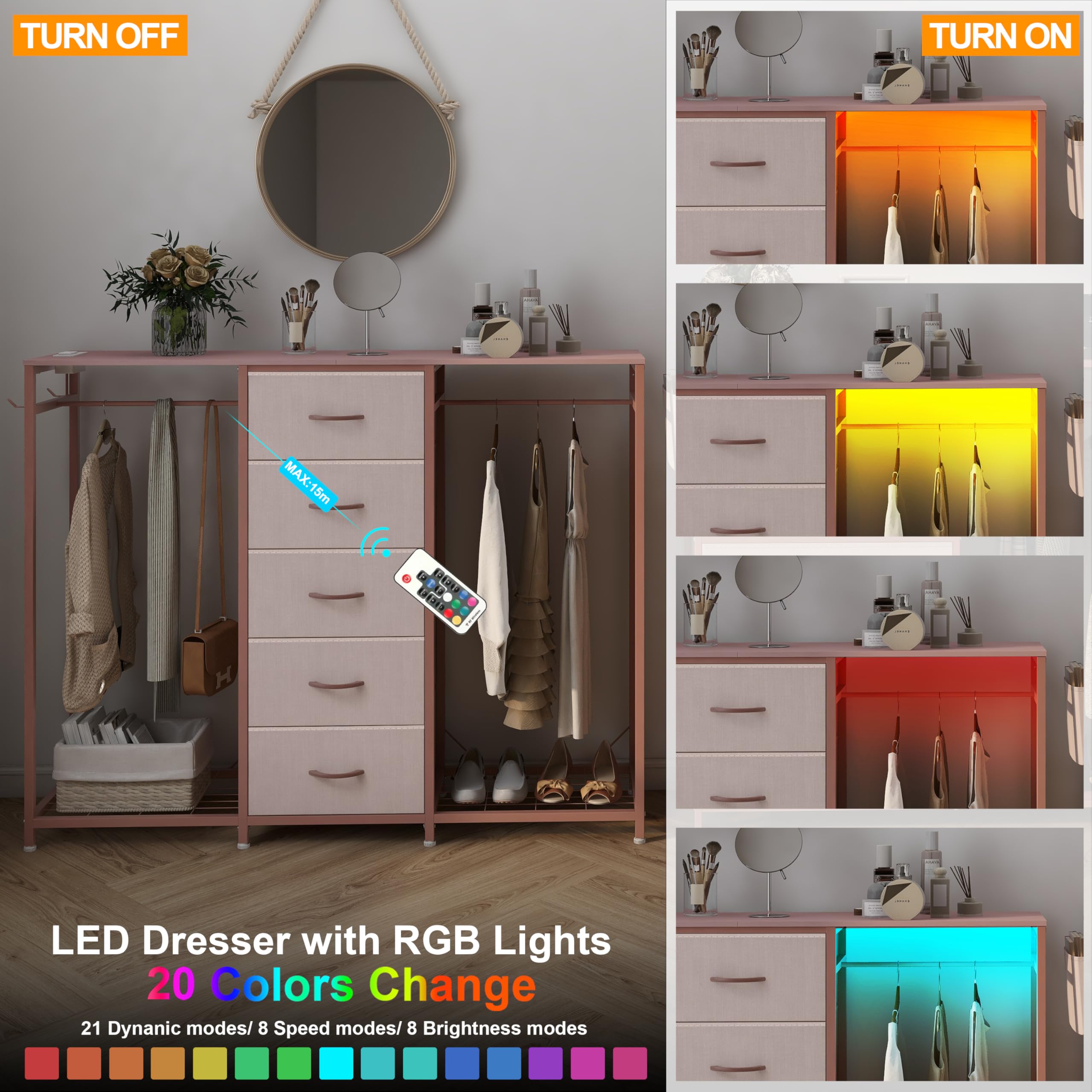 Cómoda para dormitorio con perchero, cómoda de 5 cajones con estación de carga, luces LED, cómoda blanca, estante flexible y espacio de almacenamiento abierto para dormitorio, sala de estar 8