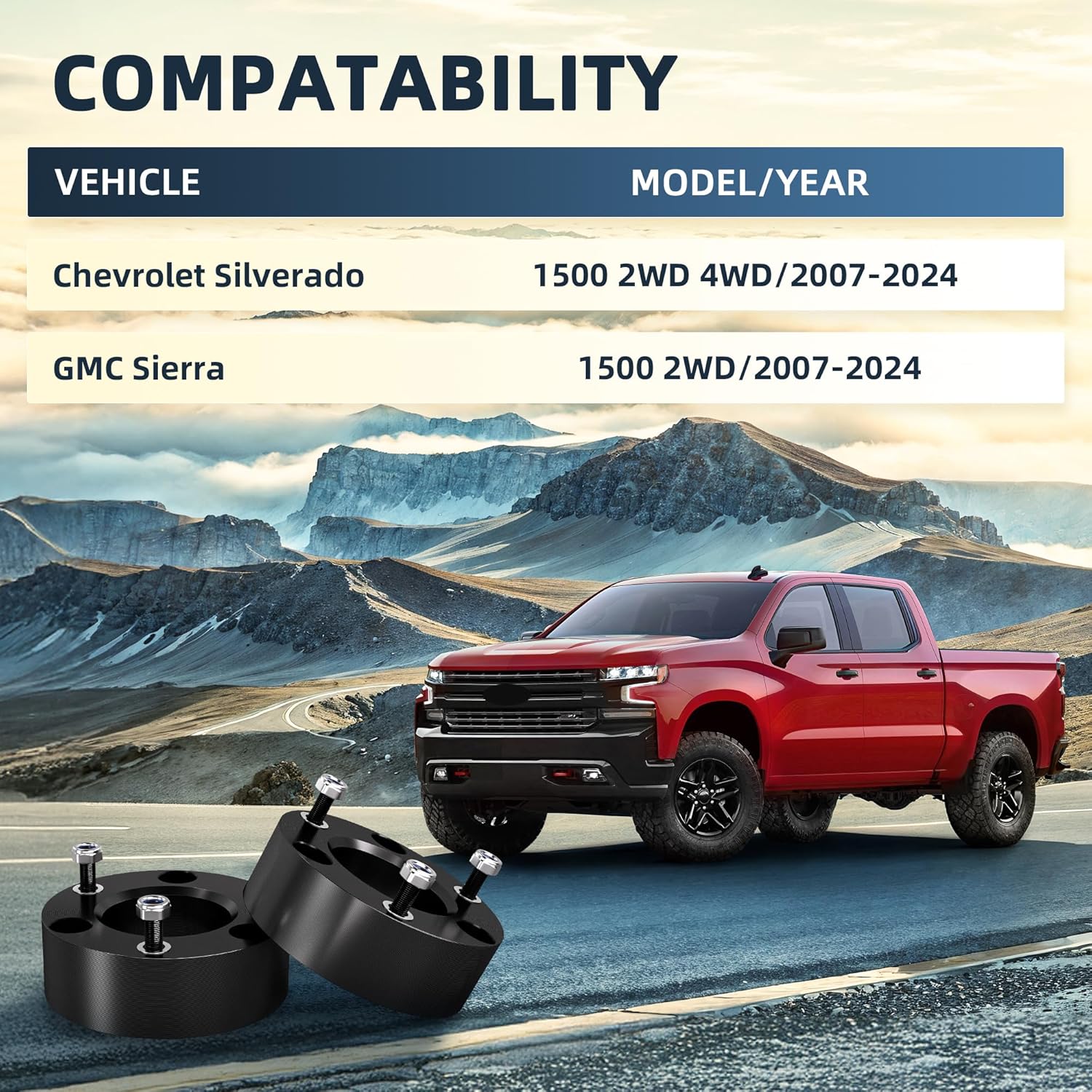 3" Front and 2" Rear Leveling Lift Kit for 2007-2024 Chevy Silverado 1500 GMC Sierra 1500 2WD/4WD, Full Leveling Lift Kit for Silverado 1500 Sierra 1500, 3in Front+2in Rear Strut Spacers