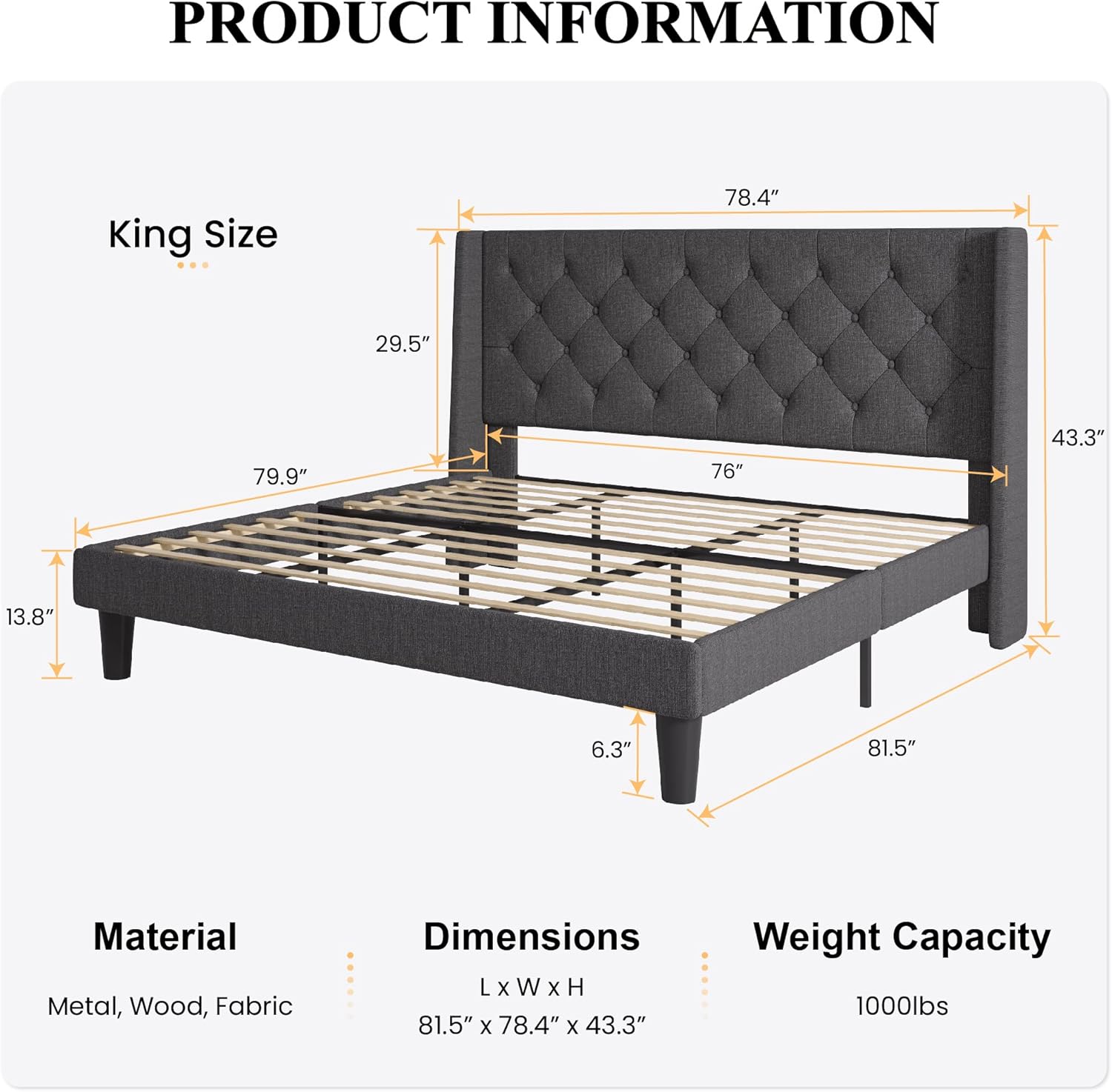 SHA CERLIN King Size Upholstered Platform Bed Frame and Wingback Headboard, Tufted Linen Fabric, Wooden Slats Support, Easy Assembly, No Box Spring Needed, Dark Grey - Image 2