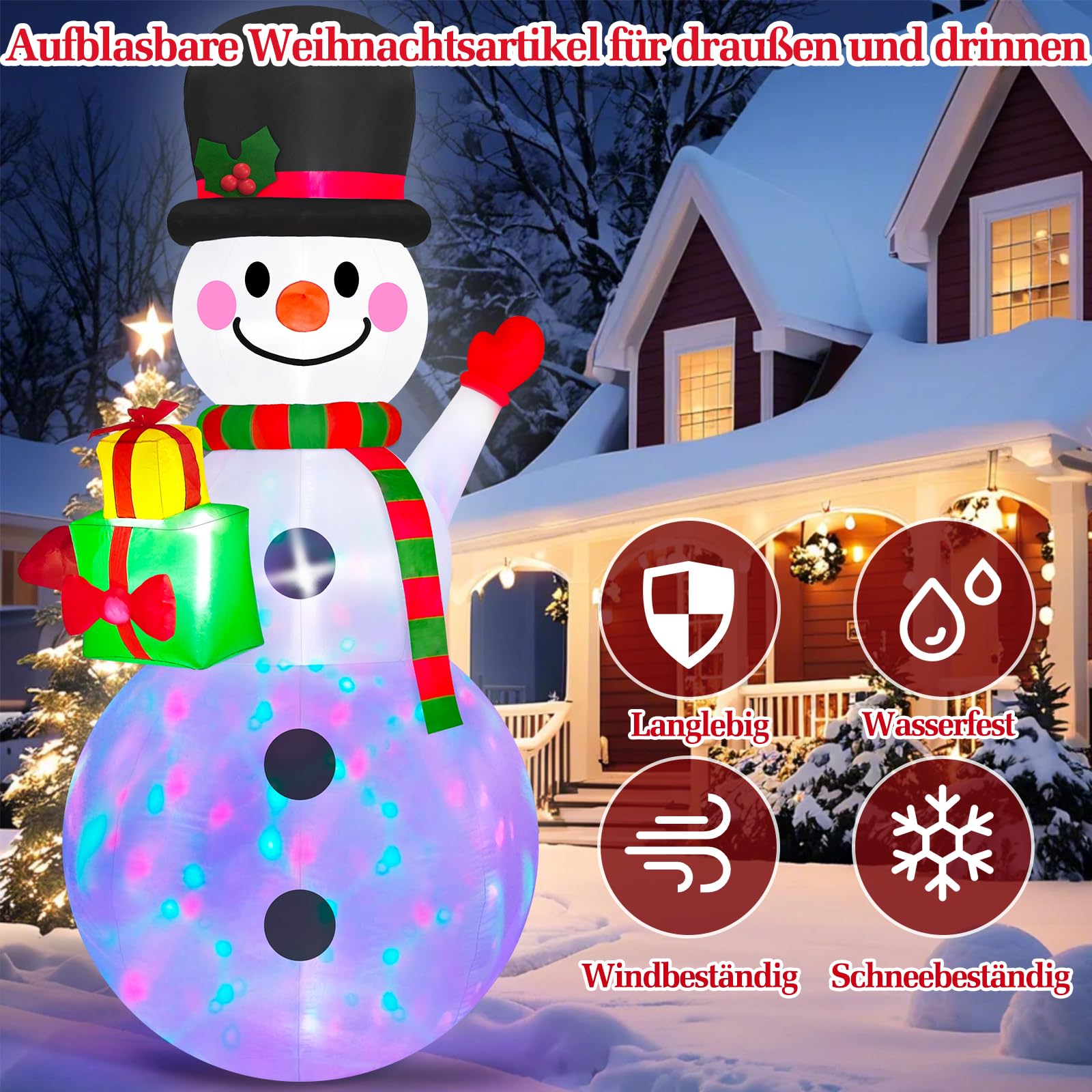 2,44M Schneemann Aufblasbare Weihnachtsdeko mit Farbiger LED-Beleuchtung