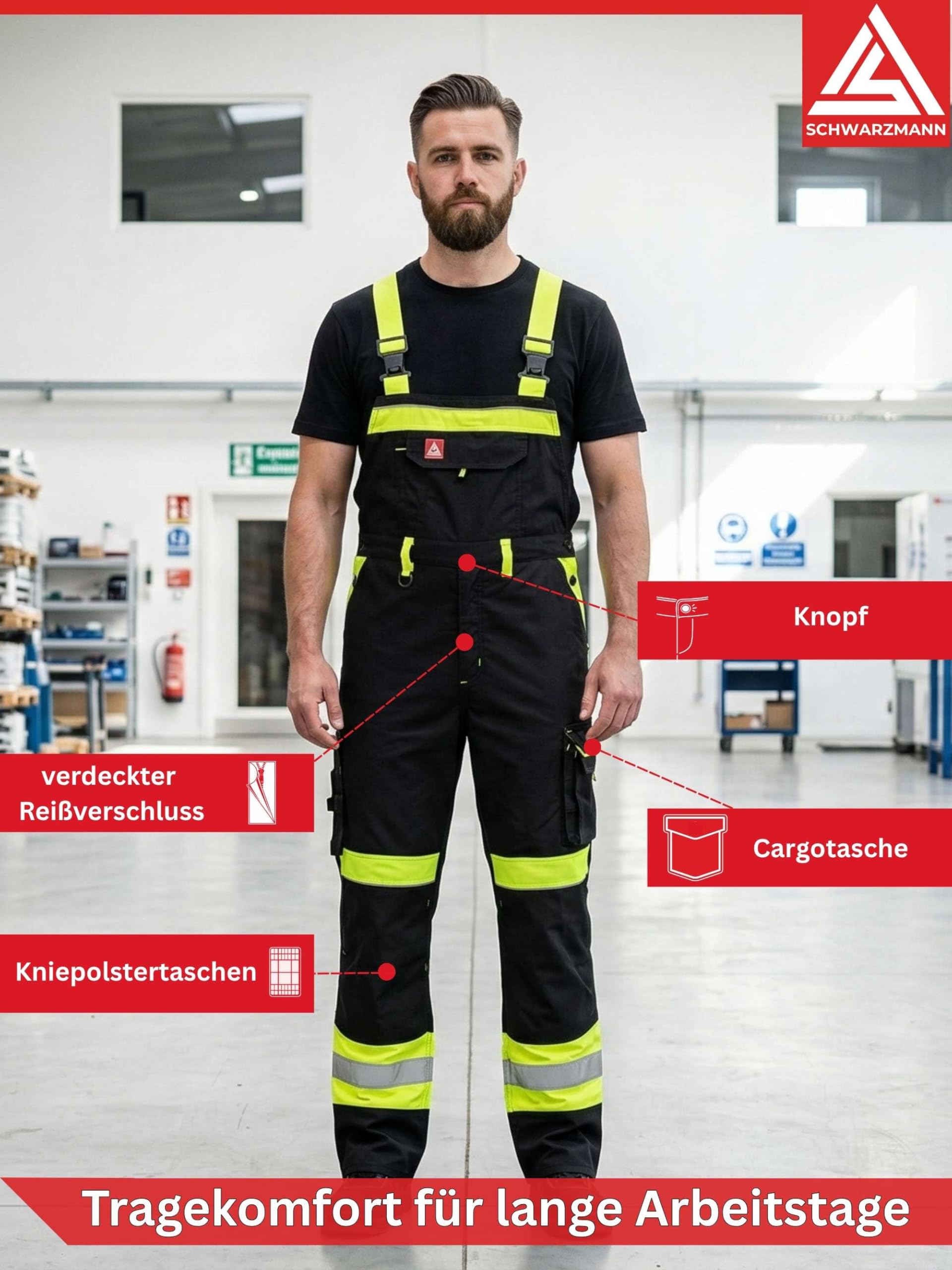 Latzhose Herren Arbeitshose mit 11 Taschen Reflexstreifen und Kniepolstertaschen Arbeitskleidung Männer Warnschutz Arbeitslatzhose Rettungsdienst Hose Straßenbau KfZ Abschleppdienst Handwerk Montage