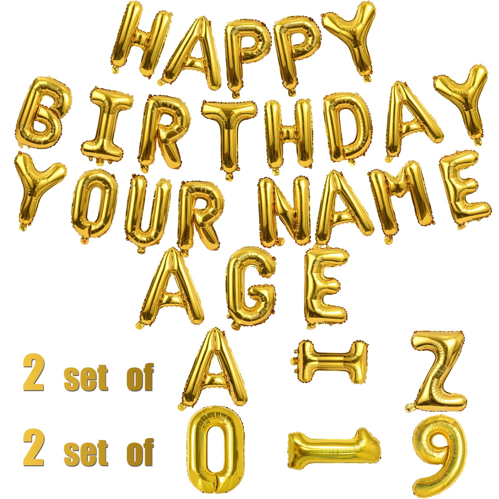 85 Pcs Personalized Name Happy Birthday Balloons Letters, 16inch Gold Custom Name & Age Happy Birthday Balloons Banner with 2 Sets A-Z and 2 sets 0-9 Mylar Foil Birthday Party Decorations Supplies