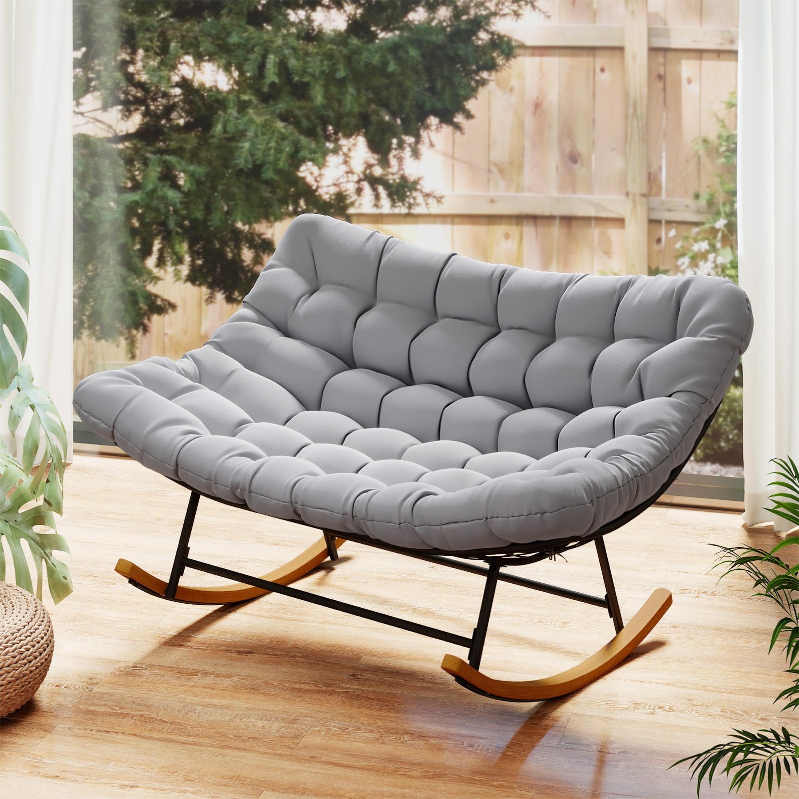 RELAX4LIFE Sedia a Dondolo a 2 Posti da Interno ed Esterno con Comodo Cuscino Imbottito, Dondolio Delicato per il Relax, Sedia a Dondolo Moderna per Soggiorno, Giardino, Cortile, Grigia