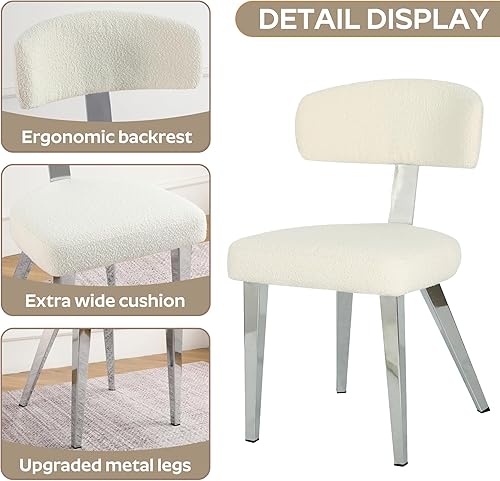 Miniatura 9 de Small Dining Table Set for 4, 36" Round Kitchen Table with 4 Teddy Boucle Dining Chairs, Tempered Glass Top with Metal Legs(White&Silver)