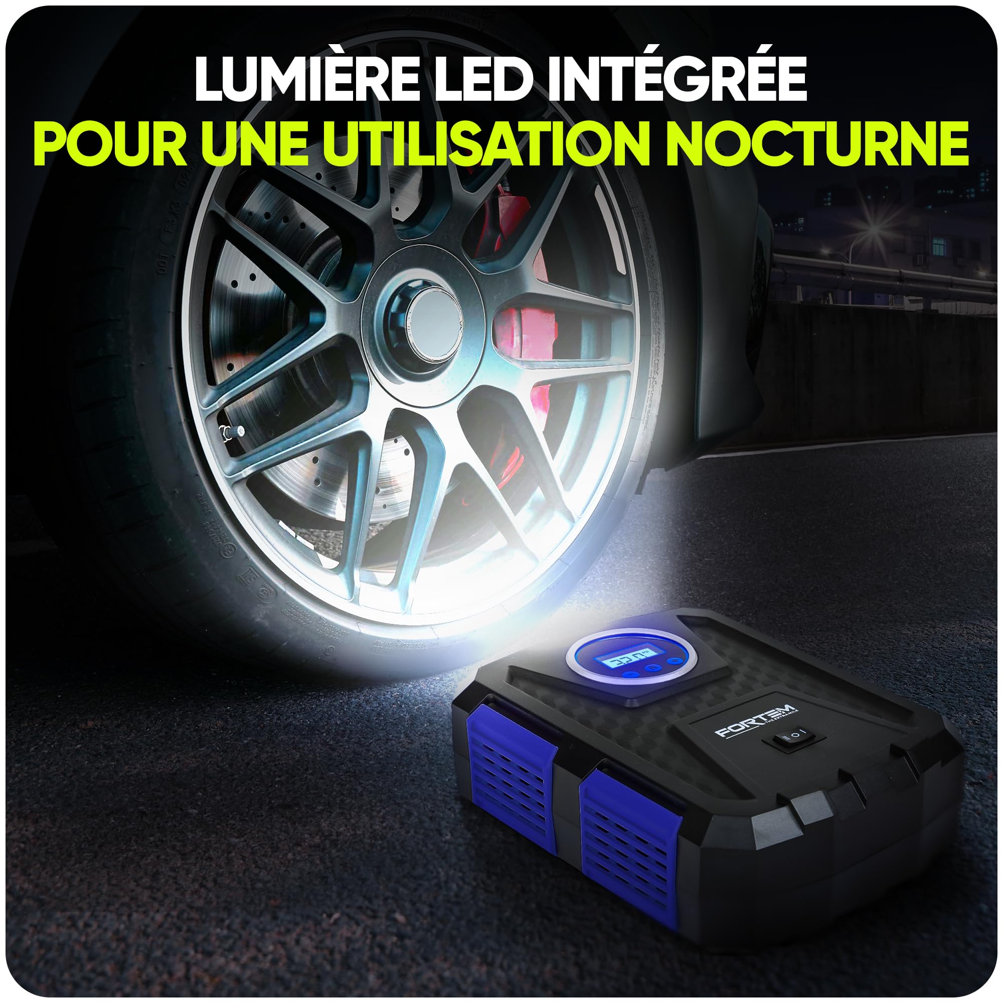 FORTEM Gonfleur pneus voiture - Compresseur 12V - Compresseur à air portatif automatique (150 PSI) - Gonfleur pneu voiture avec éclairage LED - Compresseurs d'air Portatifs - Moto & Vélo