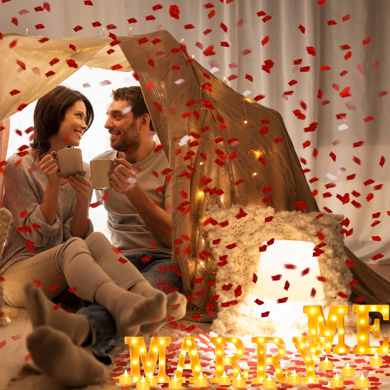 4080 Stück Marry Me Schild Antrag Dekorationen beleuchtete Marry Me Buchstaben mit 72 Stück romantischen Herzkerzen 4000 Stück Rosenblätter USB romantisches Nachtlicht für Valentinstag, Verlobung,