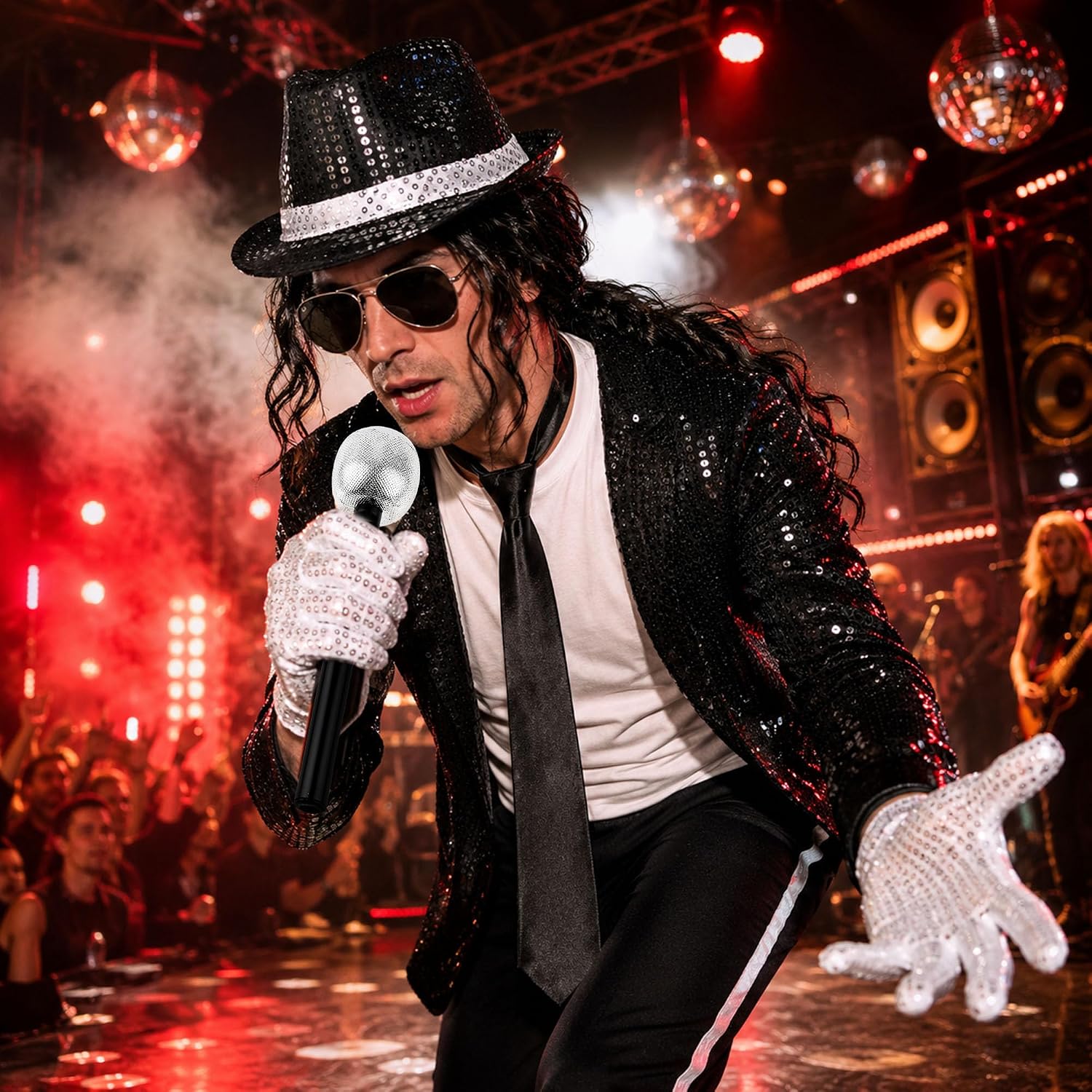 70s 80s Pop Star Costume Accessories Include Wig Sequins Hat Tie Gloves Sunglasses and Microphone for Men Women Halloween Dress Up Multi