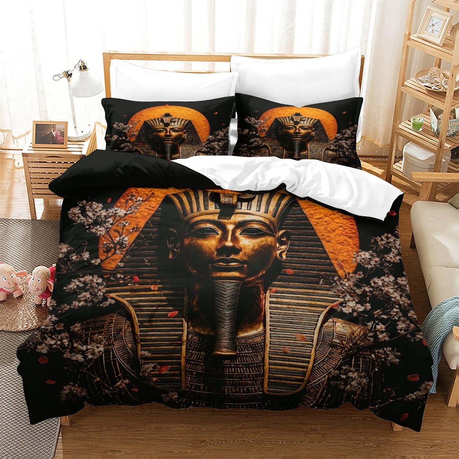 LILIlaobiao 3D Pattern Egyptian Pharaoh Comforter Cover, Soft Gold Pharaonic Duvet Cover King（220x240cm） with Pillowcase, Cozy Bed-Sets, Luxe Egyptian Pharaoh Bedding Set for Kids Teens Adults