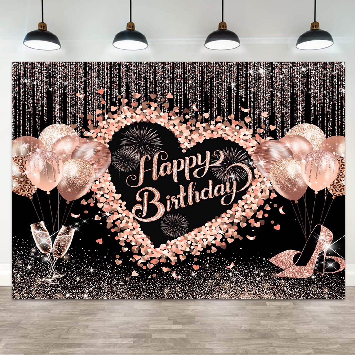 Rosa Happy Birthday Hintergrund (1,8x1,2 M) - Mit Glitzer & Champagner-Ballons Für Geburtstagsfotos