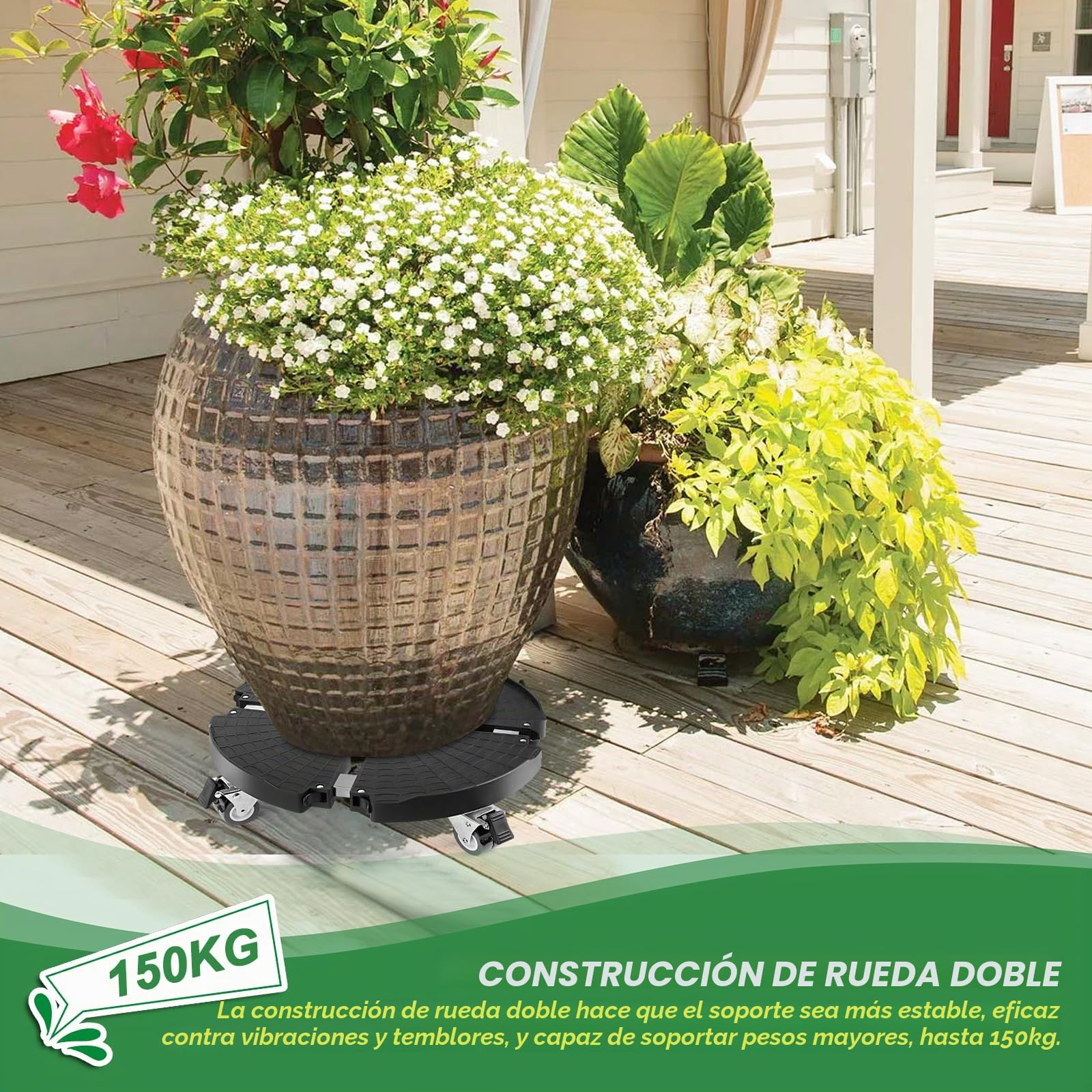 Plataforma con Ruedas, Ajustable Ø 35-48cm, Capacidad de Carga 150 kg, Soporte para Macetas con Ruedas 360 ° Giratorio, Soporte para Macetas Exterior Interior Jardín, Negro