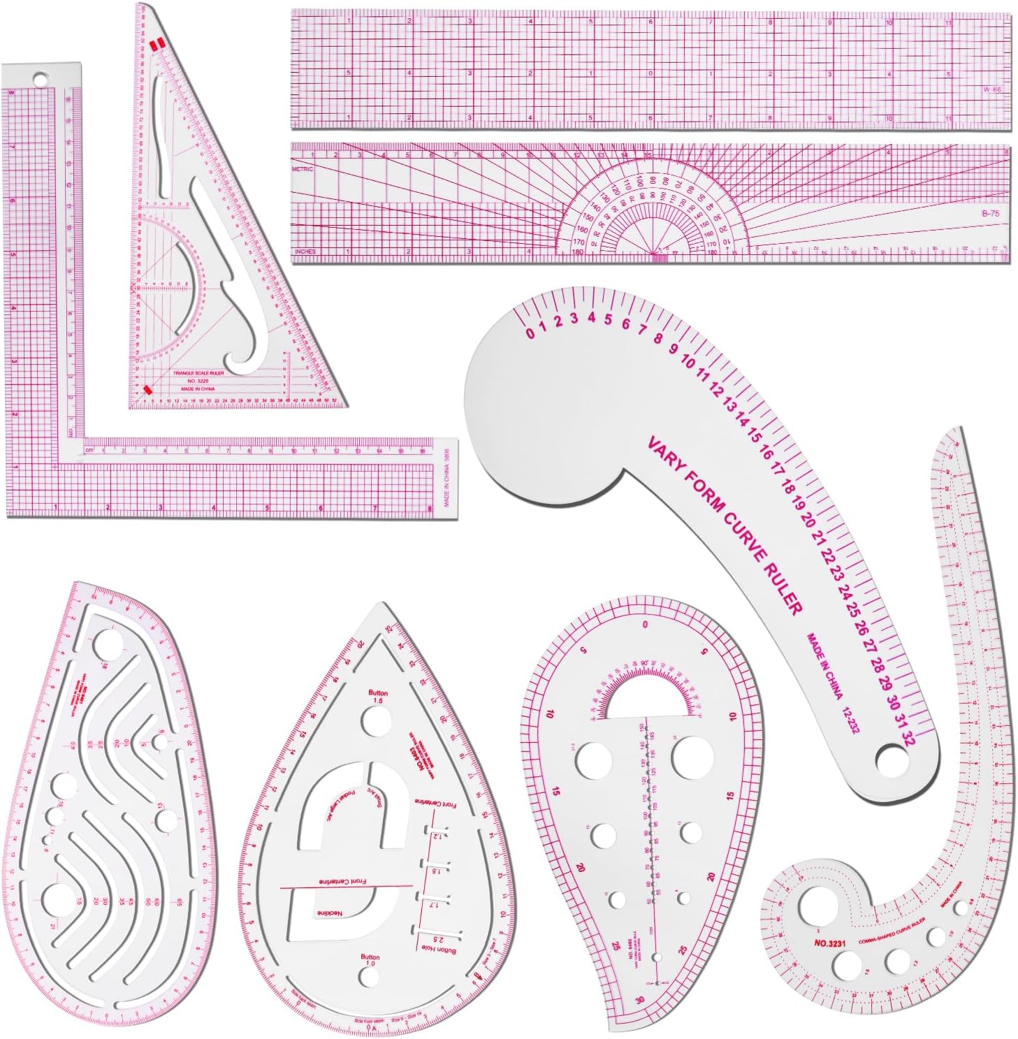 9 Pcs Clear Metric Sewing Ruler Set French Curve Pattern Making Ruler Kit for Knitting Tailors Crafting Dress Designers Sewing Beginner Supplies (9 Pcs - A)