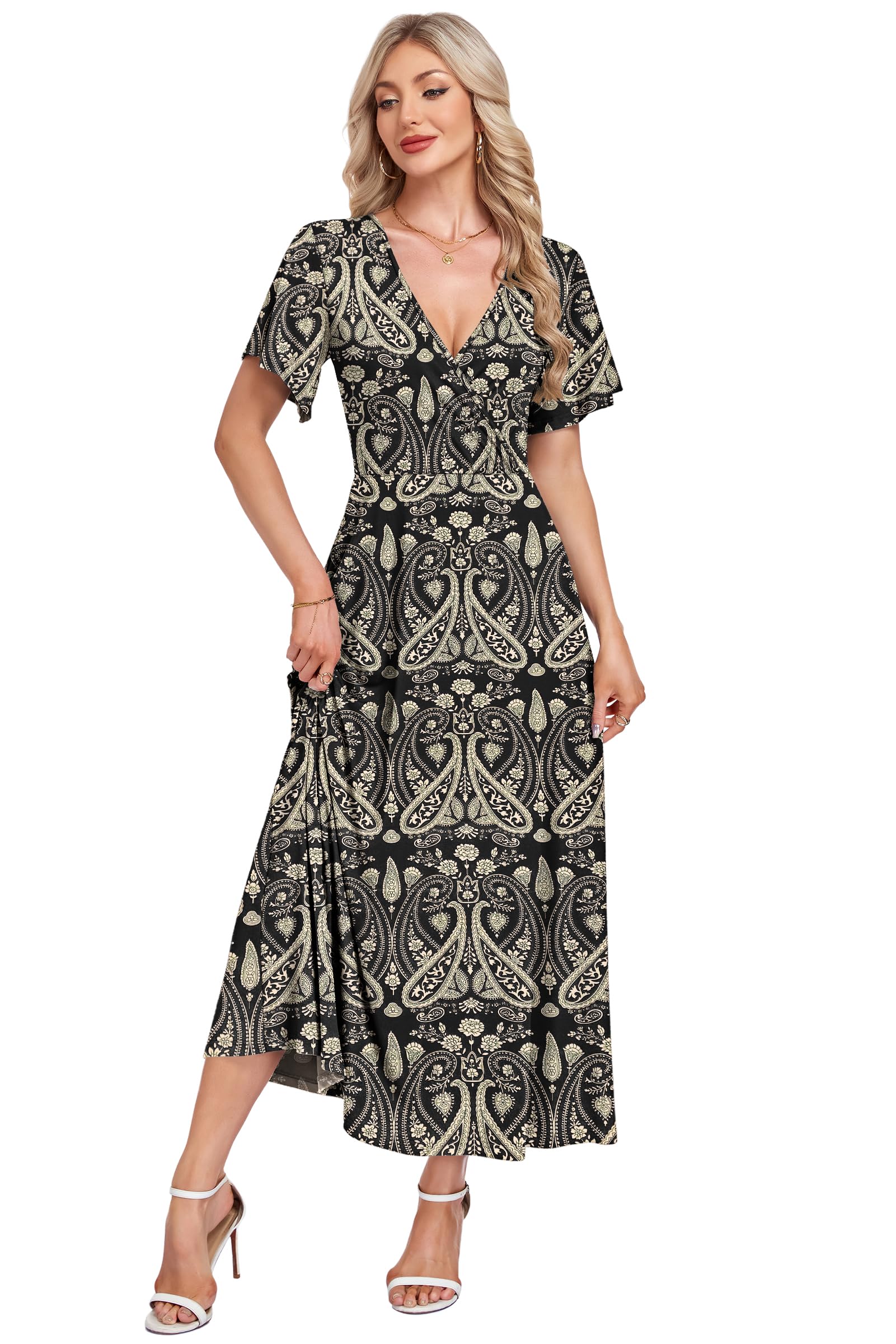 AUSELILY Abito Lungo da Donna Italia, Abito Elegante a Maniche Corte a Collo a V, Abito Estivo con Tasche