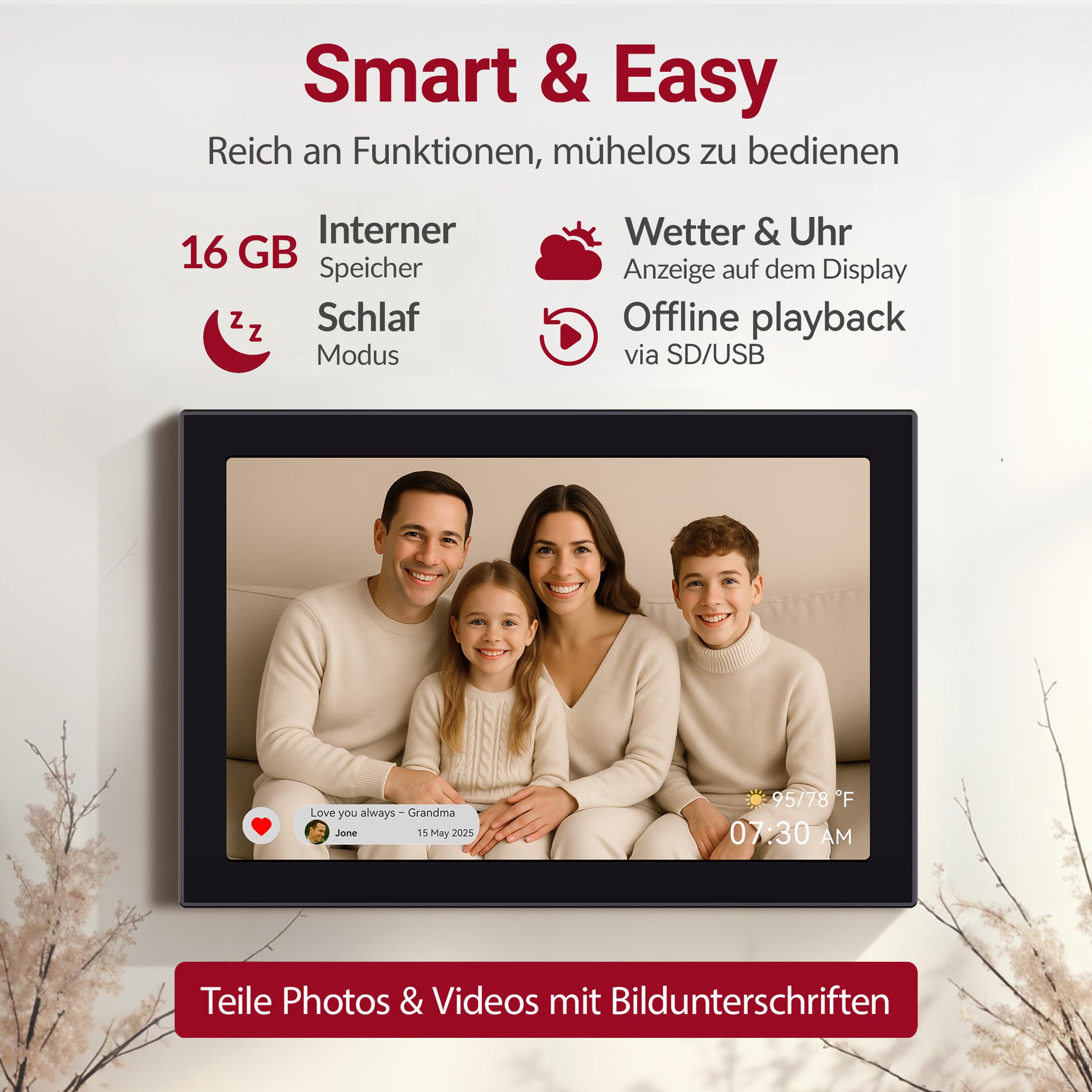 XORO 11 Zoll WiFi Digitale Bilderrahmen, 1280x800 HD IPS Touch Display, 16GB Speicher, Automatische Rotation, Teilen Sie Fotos sofort von überall aus