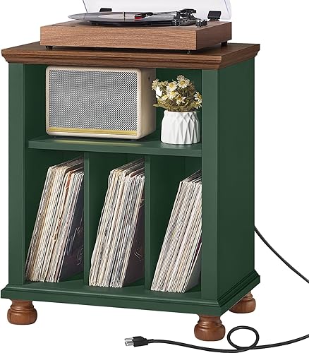 Miniatura 12 de Soporte para tocadiscos con estación de carga hasta 200 álbumes, mesa para tocadiscos de mediados de siglo de 24" de ancho con almacenamiento para