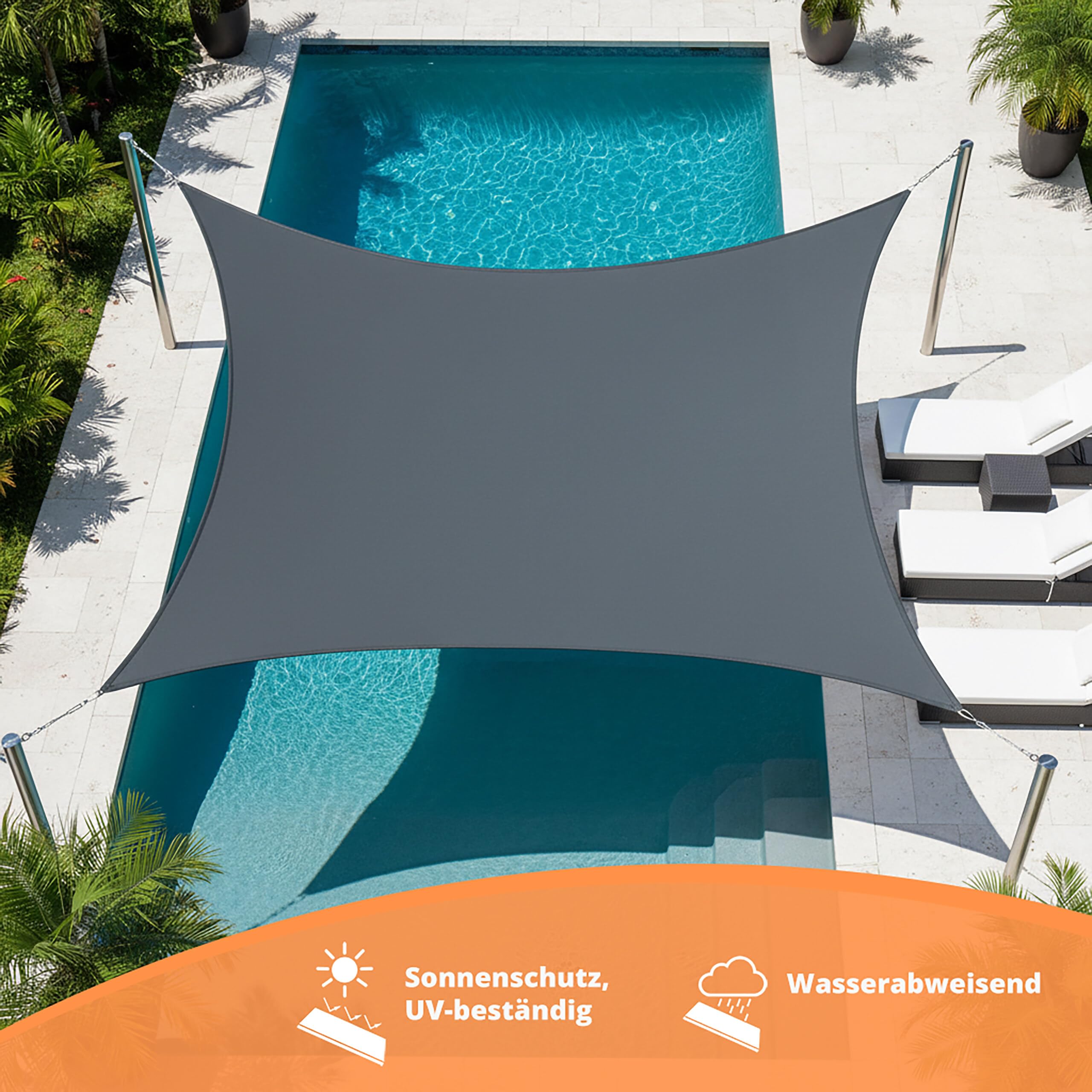Relaxdays Sonnensegel, 5x5 m, Polyester, wasserdicht, Segeltuch Ösen & Spannseile, Sonnentuch quadratisch, dunkelgrau