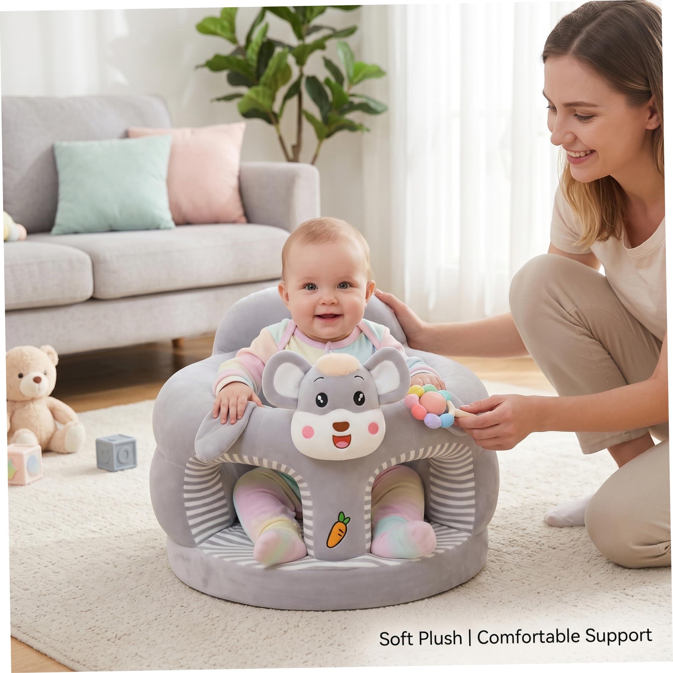 Silla para sentarse para bebé, asiento de suelo con dibujos animados bonitos de felpa para sentarse para bebé, soporte para suave y agradable para la piel, asiento de suelo gris para