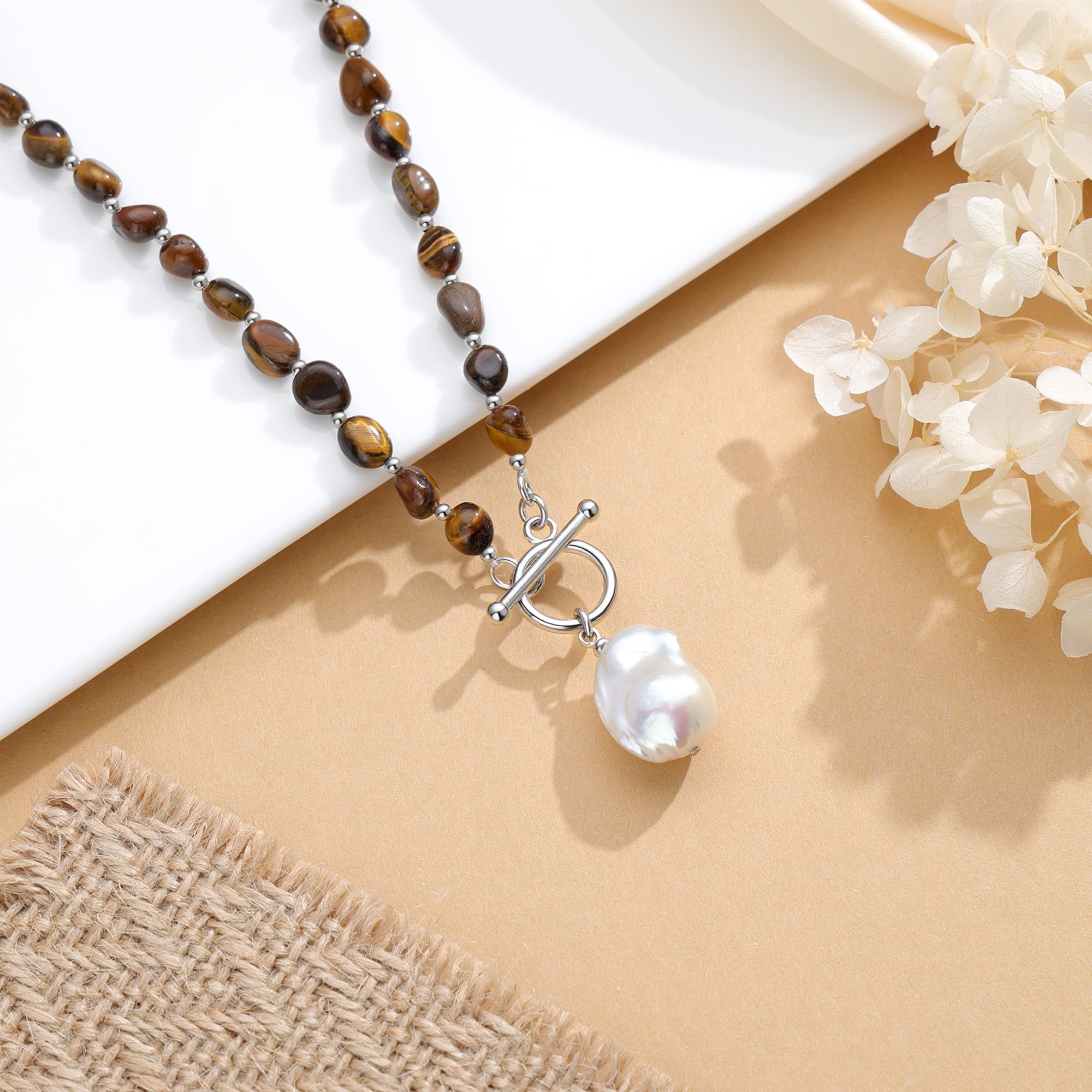 Collane con perline da donna con perle barocche, turchese ametista, lapislazzuli, occhio di tigre, fatto a mano, stile boho, collana girocollo con perline in pietra naturale, gioiello estivo, regalo