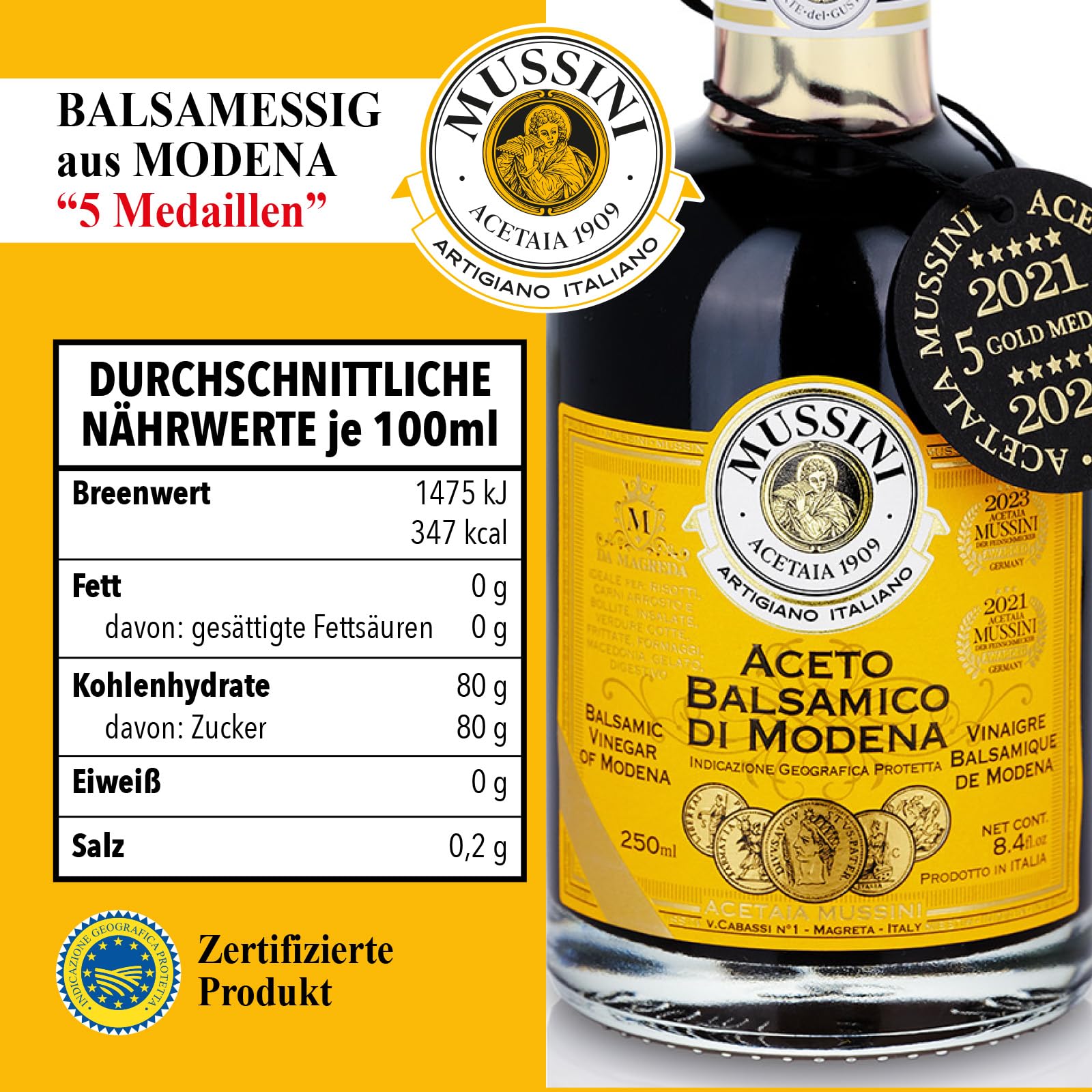 Mussini Aceto Balsamico Di Modena IGP – IL DENSO 12 ans – 5 médailles d'or – 250 ml – primé de la région de Modena Emilia-Romagna – Fabrication artisanale dans 12 types de fûts en bois différents