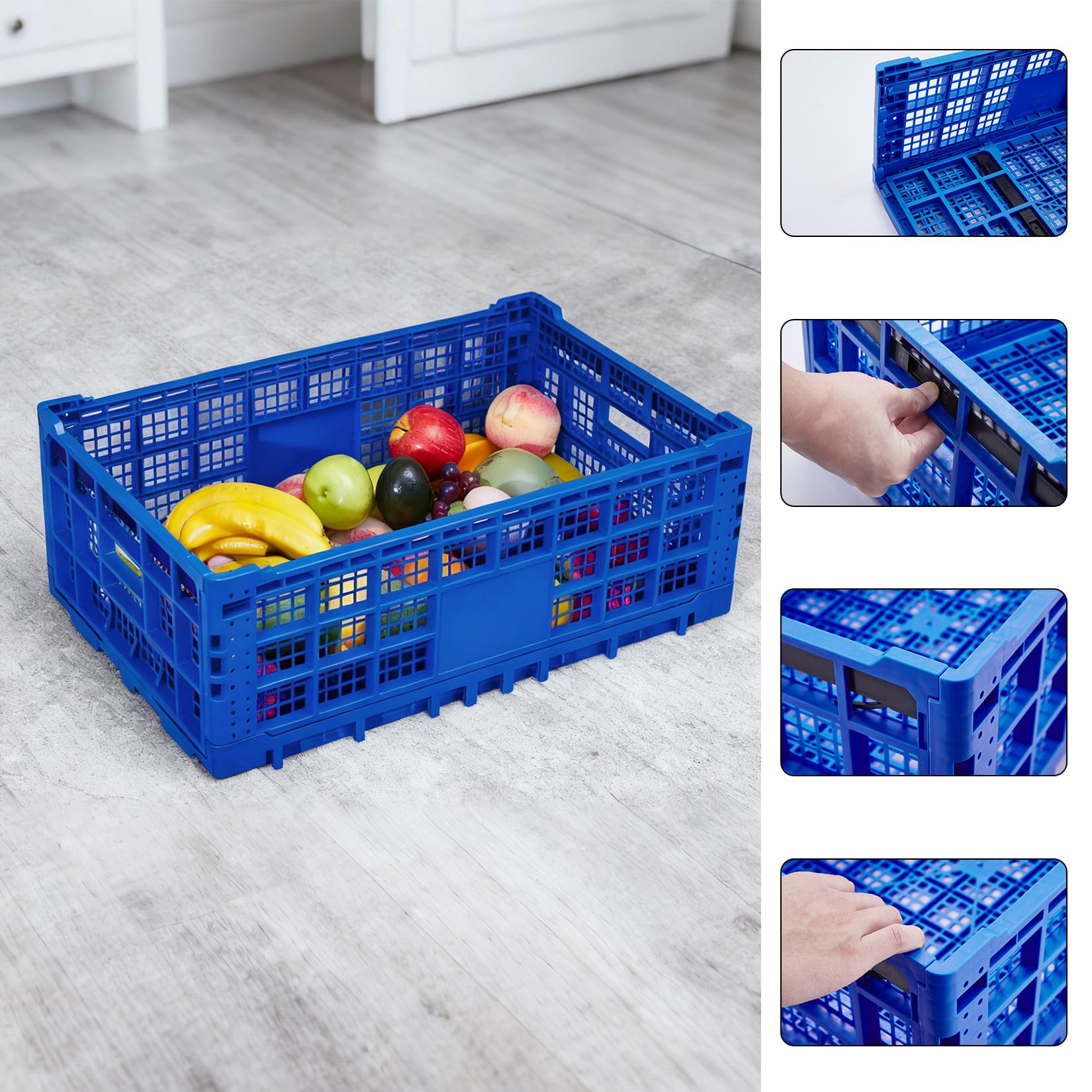 Garvee Lot de 10 Cagette Plastique Pliable Empilable 52 L avec Poignées, Bleu