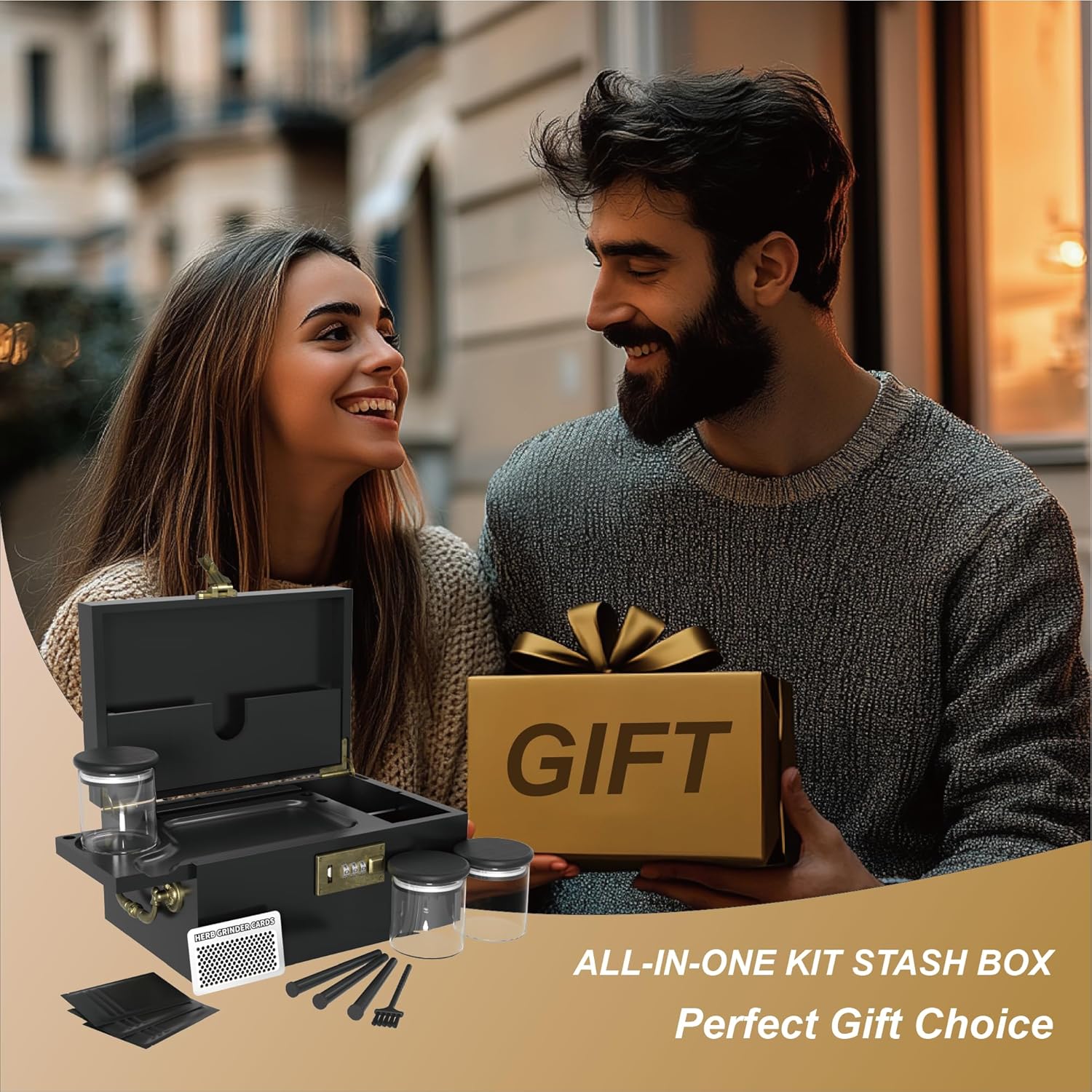 AMIDA Large Bamboo Box with Combination Lock,Gold Wooden Decorative Storage Box Upfrade Tray for Great Gift Choice,Father Gifts, for Coffee Beans, Candy, Tea, etc (Golden Peak)