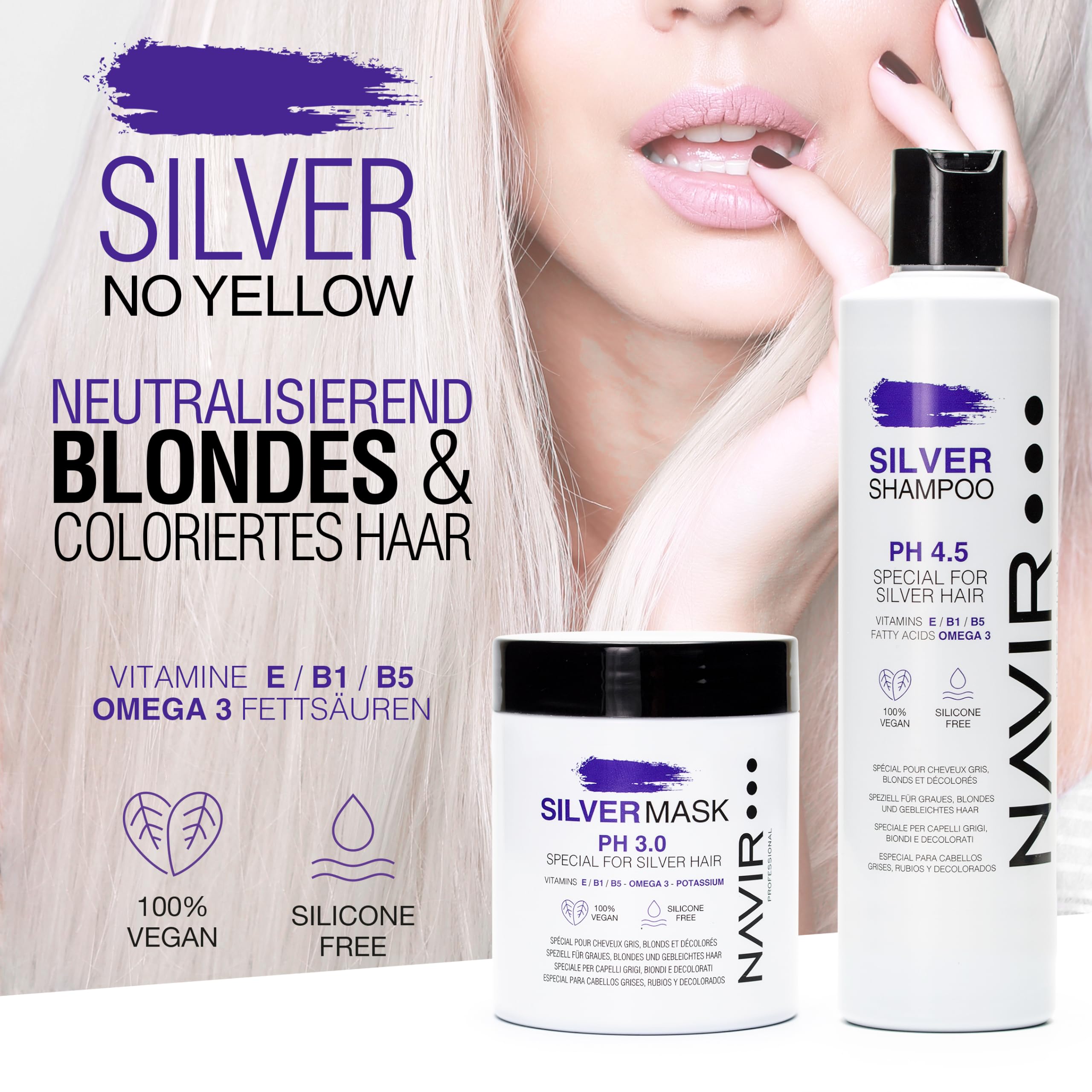 NAVIR Silver Professionelle Silberpflege für blondes, blondiertes, gesträhntes, weißes und graues Haar | Silbershampoo 300 ml + Silbermaske 250 ml