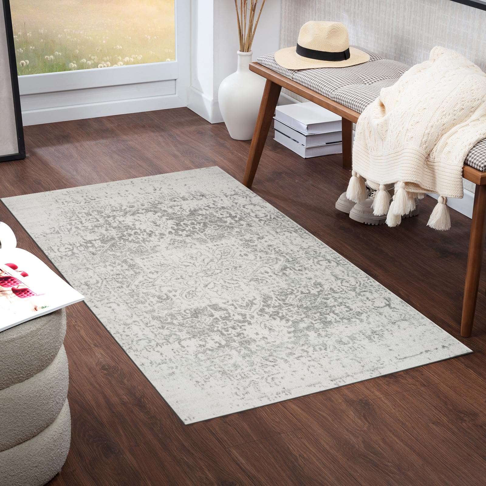 Livabliss Juliette Syracusa Vintage – Hallway Runner Carpet 80x150 cm for Living Room – Scandi Neutral Boho Style with Traditional Pattern, Natural Easy Care Pile, Grey and Beige Hallway Runner