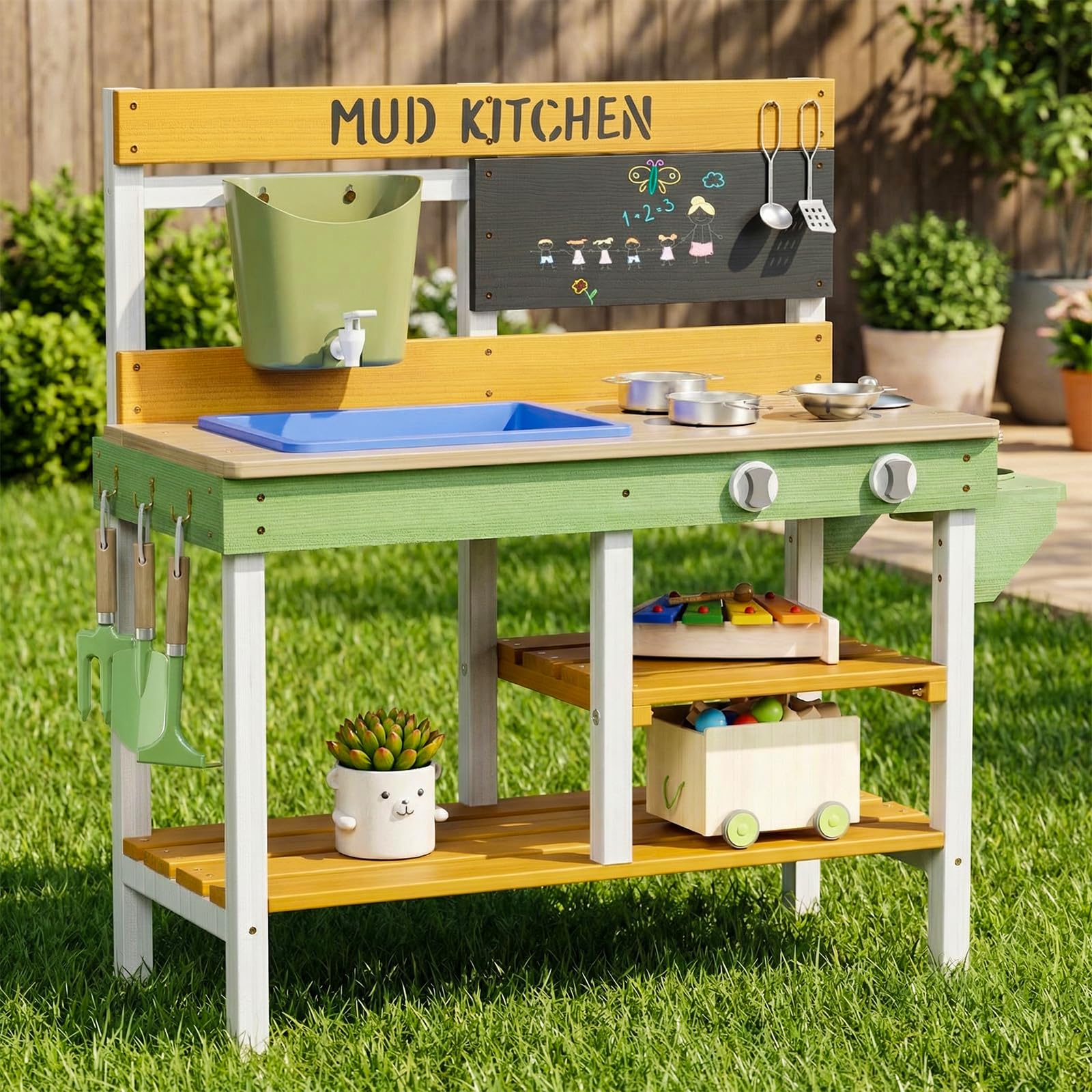MAMIZO Cucina per Bambini da Esterno, Cucina da Giardino in Legno con Rubinetto Funzionante, 2PCS Vasi per Piante, Attrezzi da Giardino, Lavagna e Ripiani, 93x37x88 cm, per Bambini +3 Anni