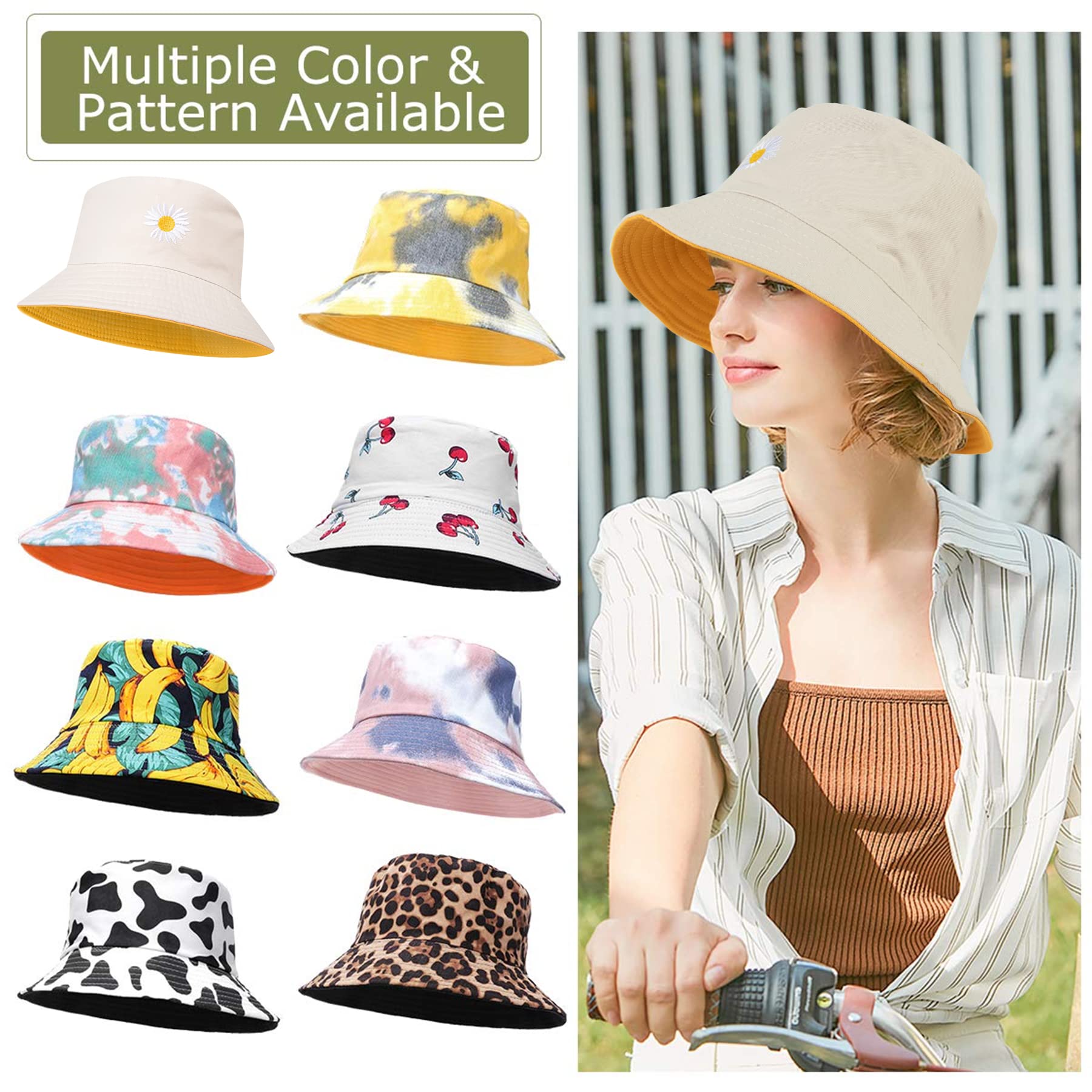Feng Shui， Sombreros de Pescador para Mujer - Sombreros de Sol de Playa de Verano de algodón Reversible Sombrero de Pescador Plegable para Viajes Playa Senderismo Reino Unido