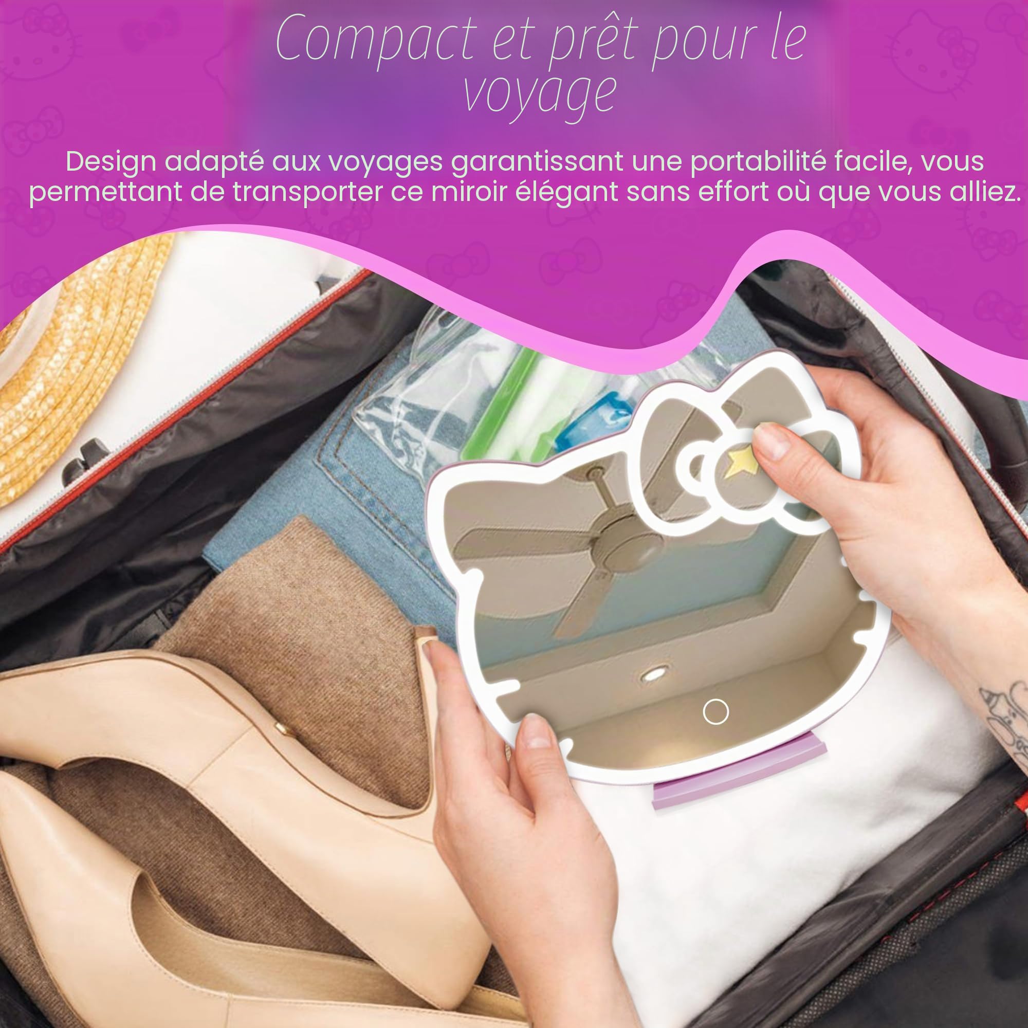 Impressions Vanity Supercute Hello Kitty Miroir de Bureau avec lumières et capteur Doux au Toucher, Miroir de Maquillage réglable à Trois Tons avec Plateau Extensible caché et Support de téléphone