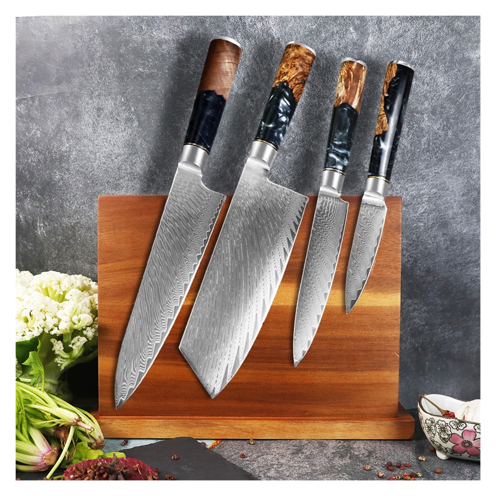 Set di coltelli da cucina professionale in acciaio damasco for chef, pelare il pane, Santoku, affilato
