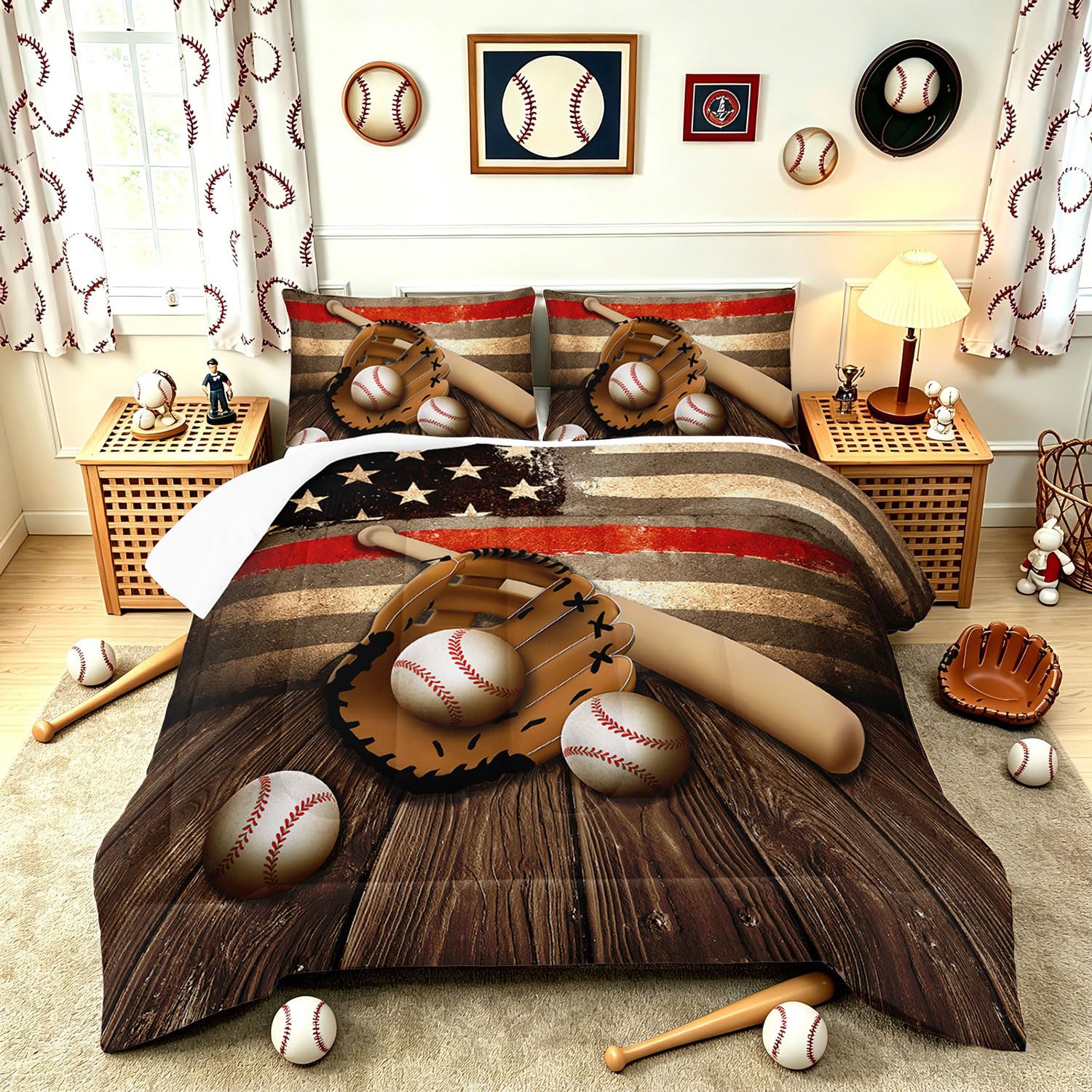 Juego de ropa de cama de béisbol y bandera americana con dos fundas de almohada
