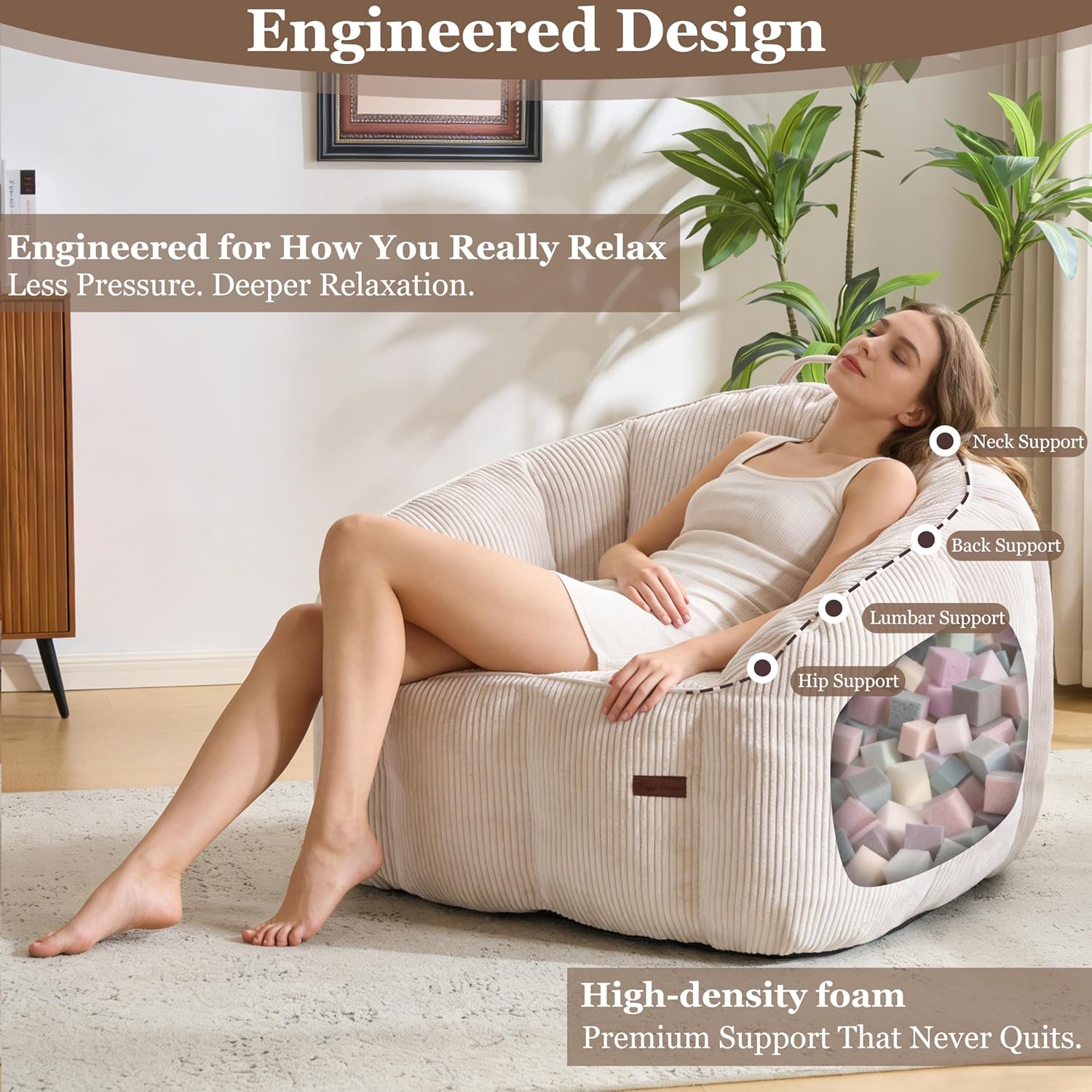 Royal Windsor Bean Bag Chairs for Adults, 47 Inch Giant Bean Bag Chair with Back Support, Large Comfy Reading Chair for Living Room, Bedroom & Dorm, Beige