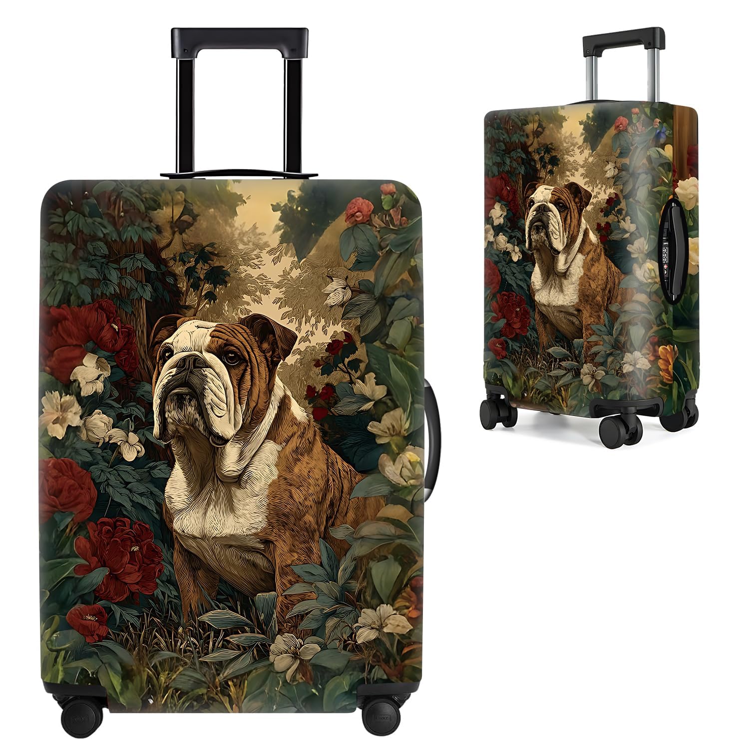 Luggage Cover – Vintage Bulldog Floral Design, Artistic Dog Suitcase Cover for 18"-22" Luggage, Stretchy Protective Travel Cover,S
