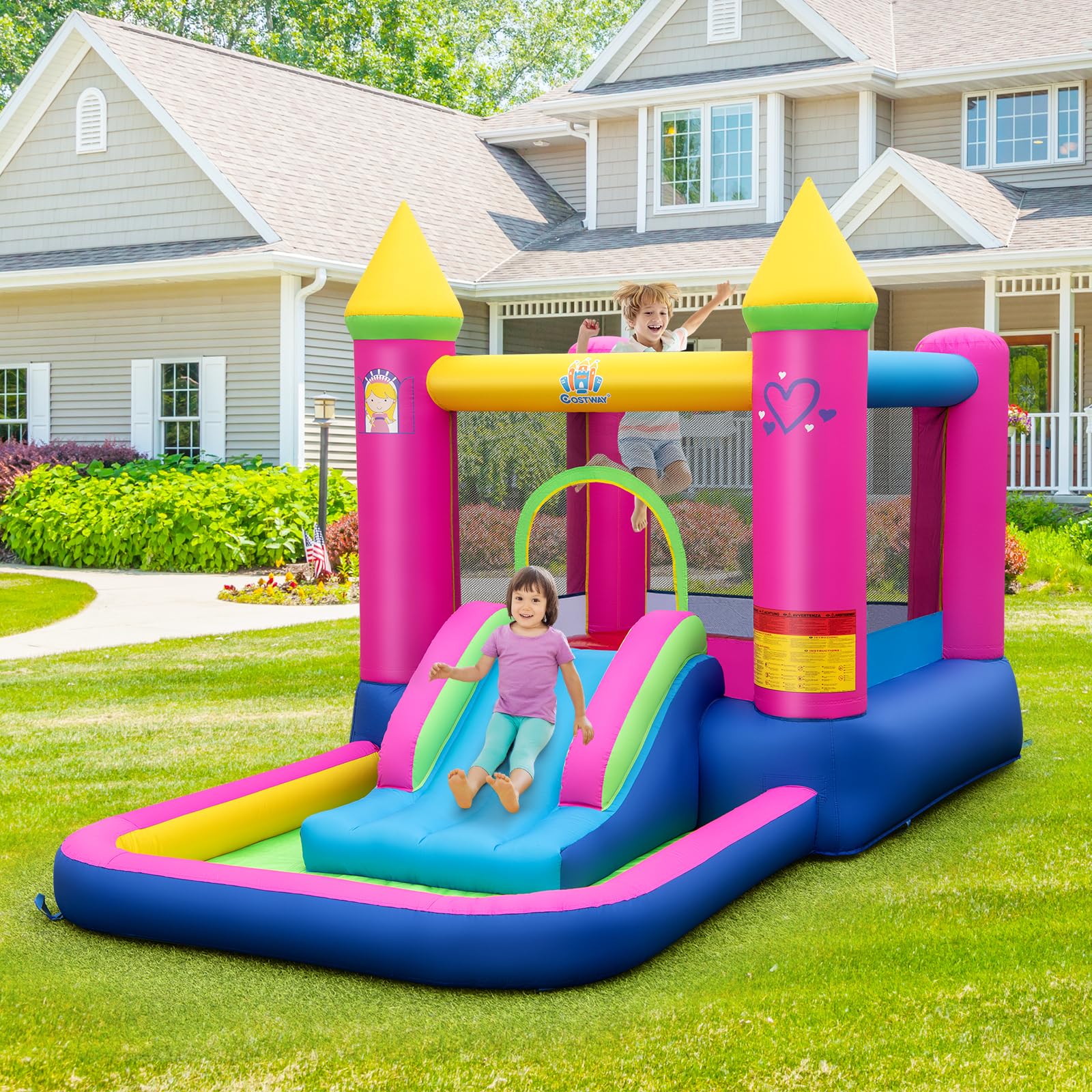 COSTWAY 4-in-1 Castello Gonfiabile per Bambini, Castello a Tema Principessa con Scivolo, Area Salto, Canestro da Basket e Vasca per Palline, Giochi Gonfiabile per 3-12 Anni (Senza Soffiatore)