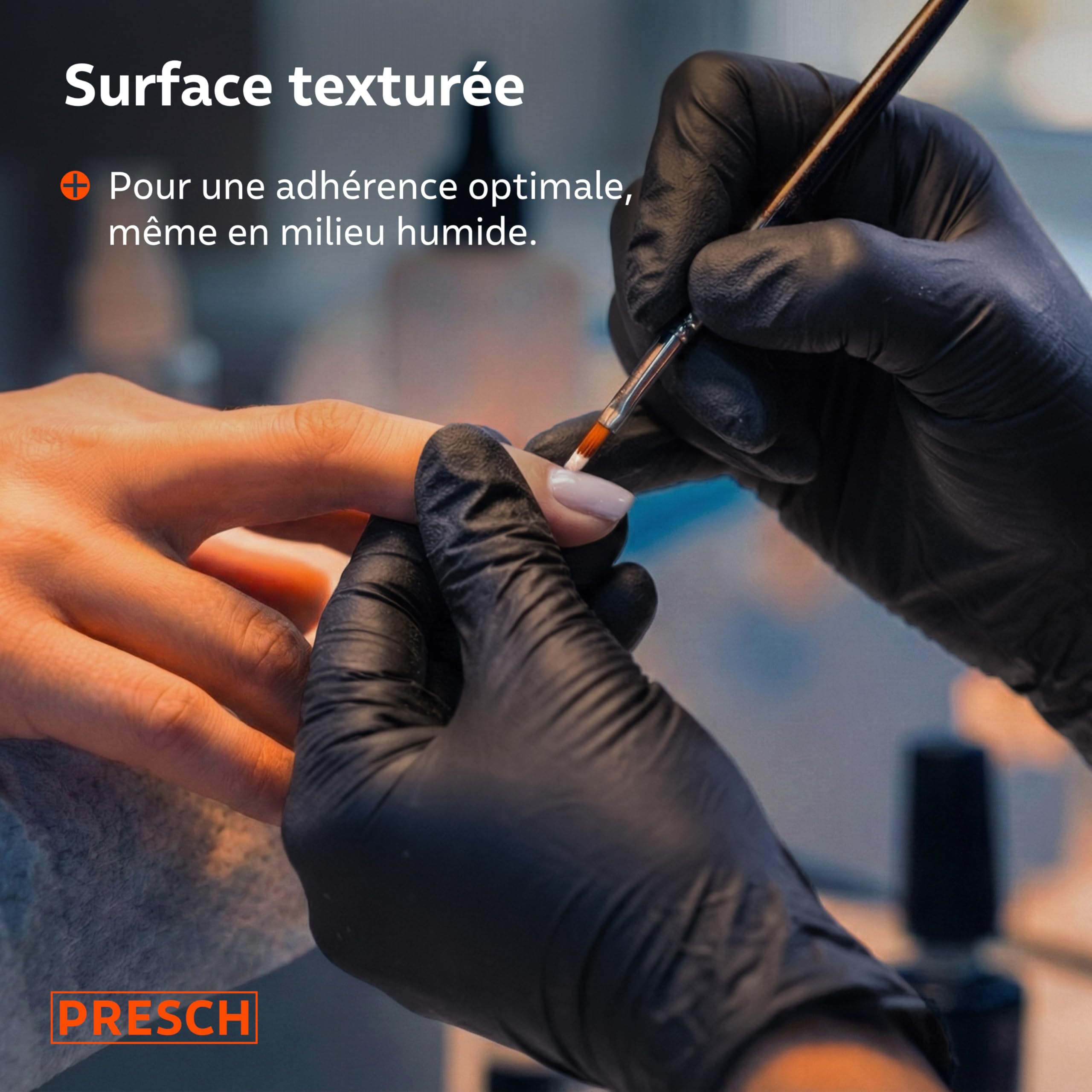 PRESCH Gants Jetables Noir 100 pc (L - 9) - Gants en nitrile avec bouts de doigts texturés - Sans latex et poudre - Résistant aux déchirures grâce à son bord roulé renforcé