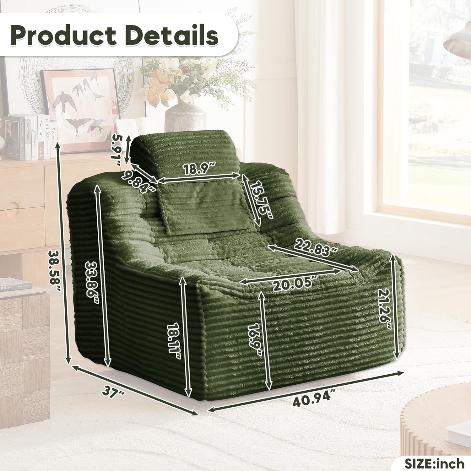 Vyneltio Oversized Swivel Accent Chair, Corduroy Upholstered Book Nook Chair, Big Lazy Sofa Chair for Living Room Bedroom Dorm Office-Green