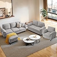 soscana 3-Piece Light Grey Sectional Sofa Set: L-Shaped 3-Seat Couch with Storage Ottoman, Loveseat, Accent Chair for Small Spaces