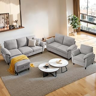 soscana 3-Piece Light Grey Sectional Sofa Set: L-Shaped 3-Seat Couch with Storage Ottoman, Loveseat, Accent Chair for Small Spaces