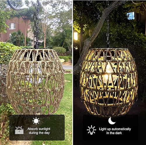 Miniatura 4 de Farol colgante solar para exteriores, lámpara de ratán para exteriores, lámpara solar al aire libre para cenador, lámpara colgante con energía solar