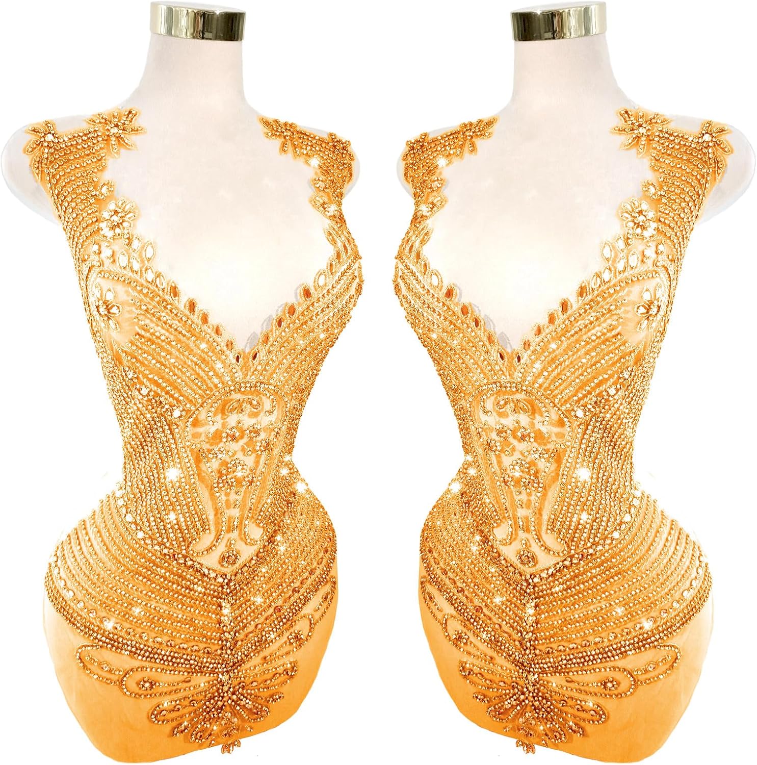 Large Bodice Lace Applique Sequin Rhinestones Fine Appliques Handsewing Crystals and Beads for Dress Clothes(L13-orange)
