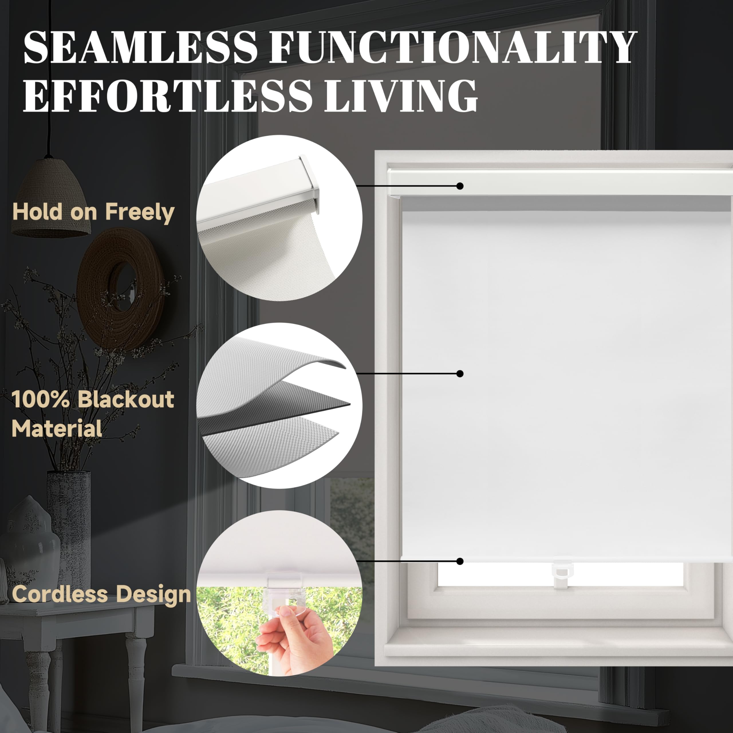 Royal Shade Blackout Shades for Windows, Free-Stop Cordless Roller Shades, Thermal-Insulated Window Blinds, Easy Install Pull-Down Window Shades for Home, Office, Bedroom (White, 58