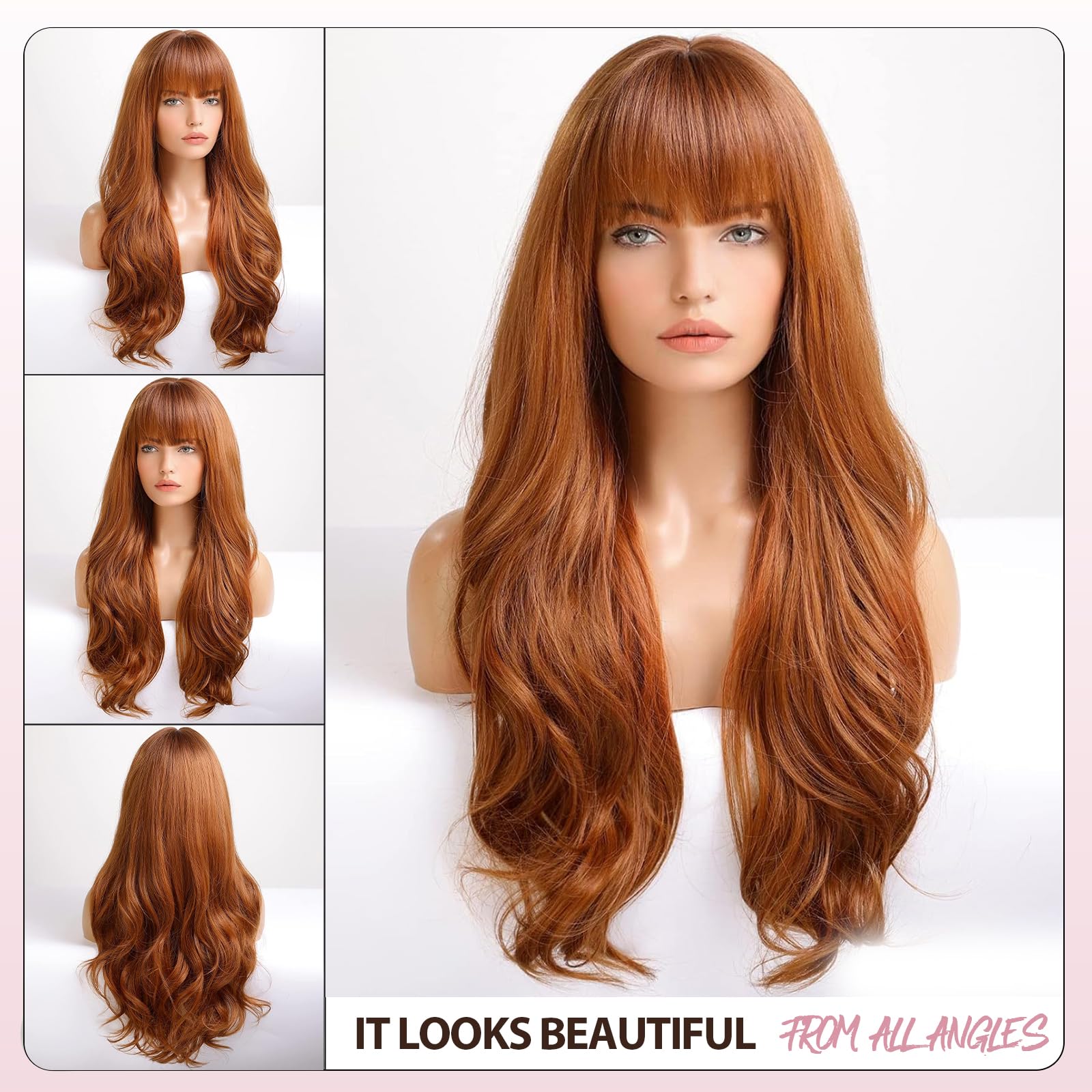 EMMOR Perruques Ombré Auburn pour Femmes Perruque Longue et Bouclée avec Frange en Fibres Synthétiques Résistantes à la Chaleur Perruques Quotidiennes d'Aspect Naturel