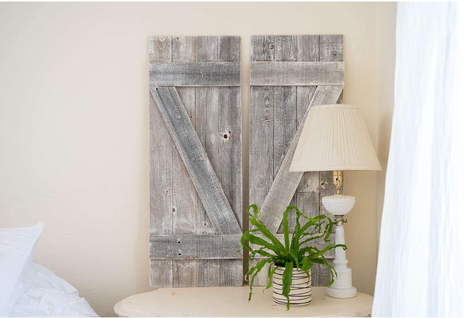 BARNWOODUSA Decorative Shutters Set of 2 Rustic Farmhouse Window Shutters with Traditional Barn Look Z Pattern Made from Reclaimed Wood Interior Country Style Decor White Wash