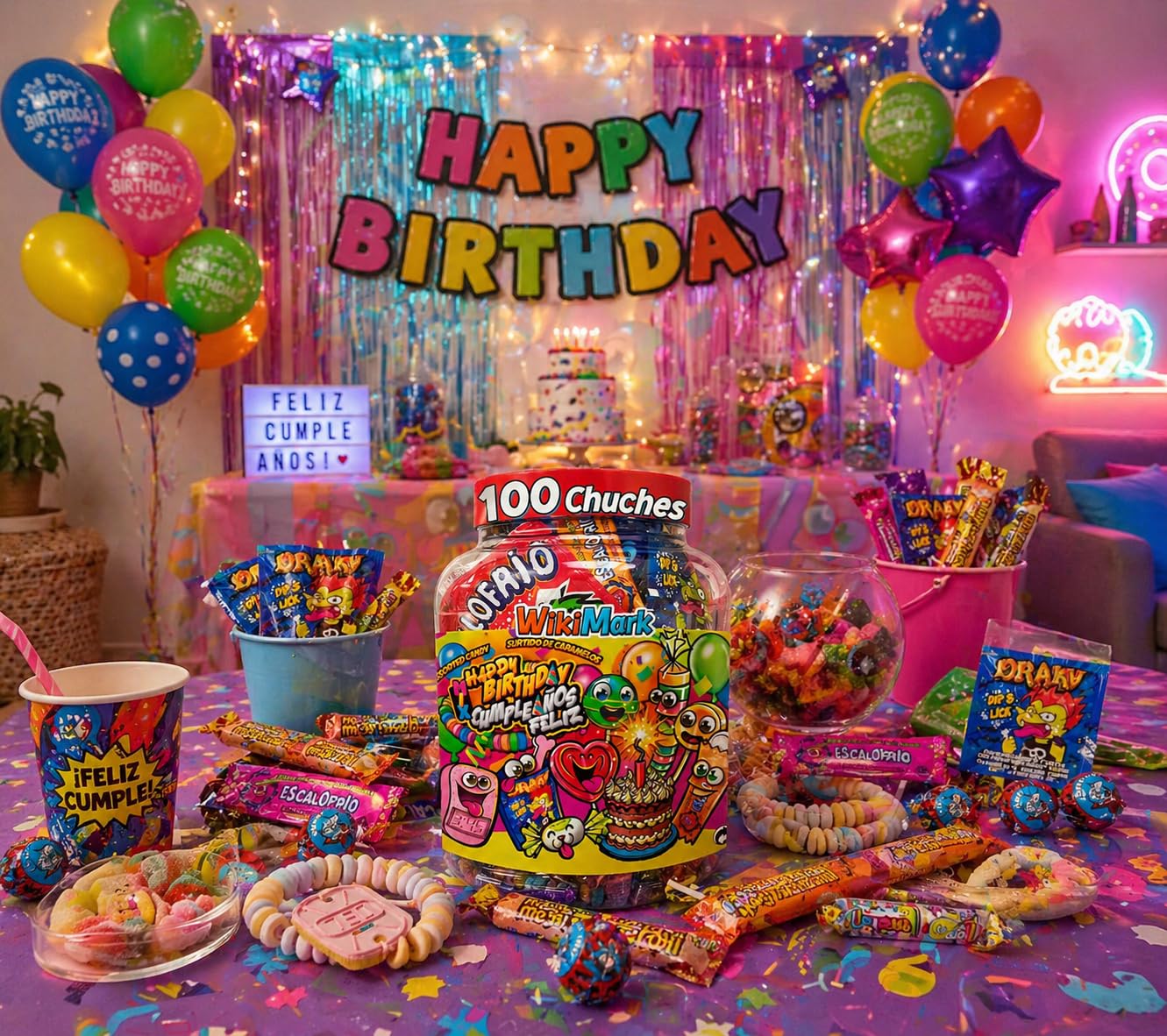 Bote 100 Chuches Surtidas para Cumpleaños y Piñatas | Caramelos Variados Infantiles | Golosinas para Fiestas, Candy Bar y Bolsas de Regalo | Mix Dulces Sin Gluten y Sin Leche