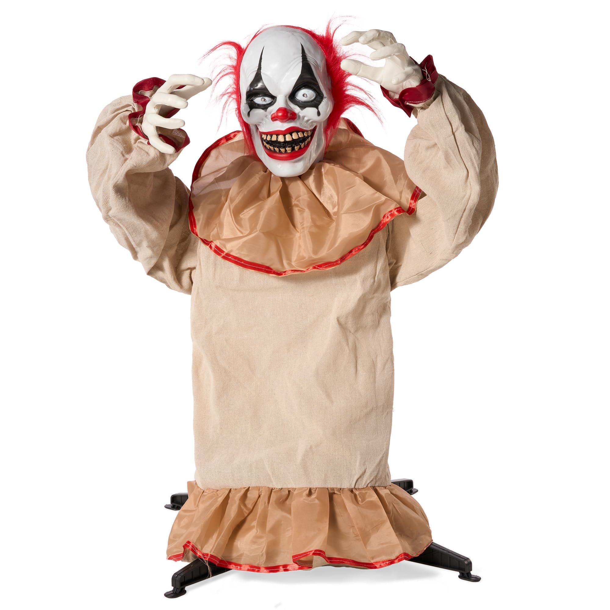 JOYIN Décoration de Clown Assis animatronique d'halloween de 165cm avec Yeux Lumineux, Son Effrayant, Bras et tête Mobiles (activé par Le Son et la lumière) pour Les décorations de Maison hantée