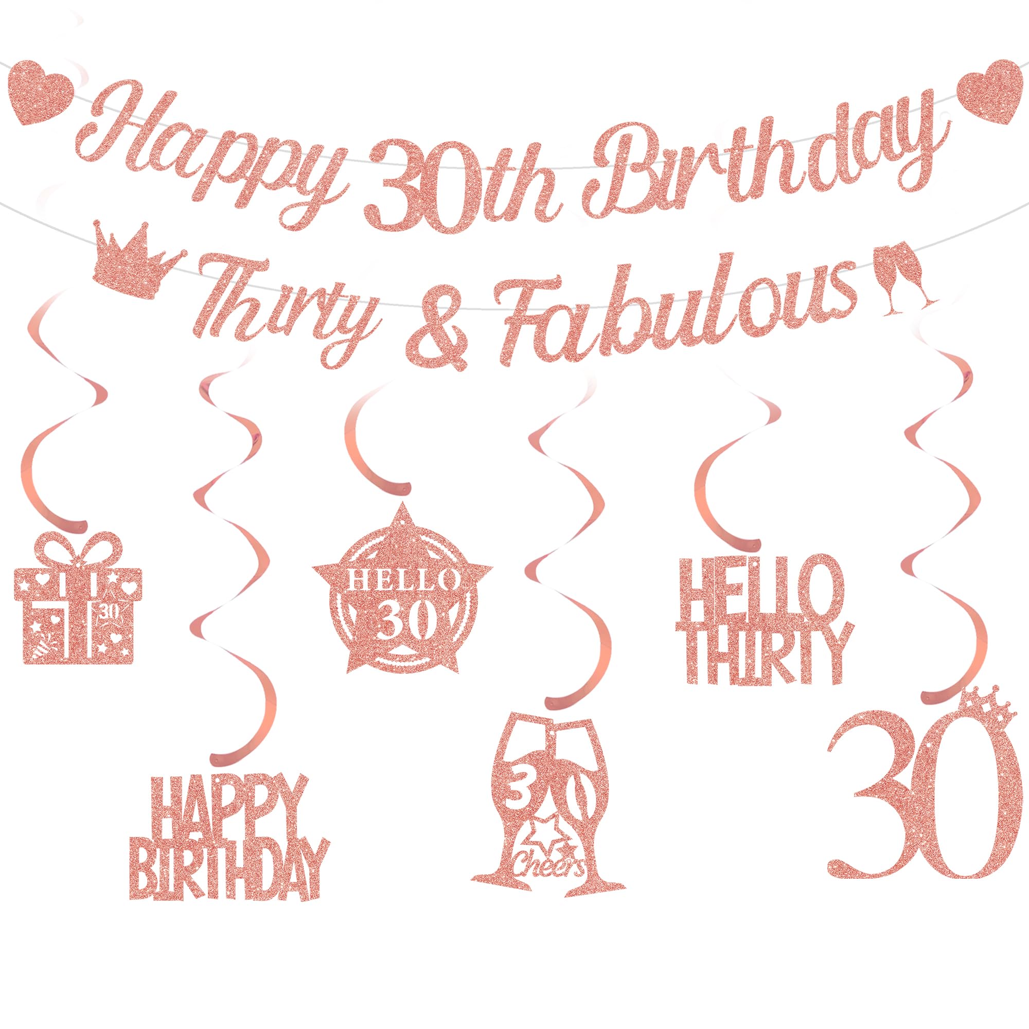 Happy 30th Birthday Banner Decorations - Rose Gold Glitter Thirty Banners Party Supplies for Her Women, Hello 30 Gift Box Garland Birthday Banner Set for 30 Years Old Party Decor