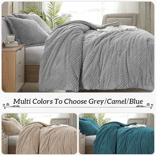 Miniatura 5 de Homelike Moment Juego de edredón de forro polar tamaño King, 3 piezas, edredón suave y esponjoso, edredón de cama grueso y cálido con 2 fundas de