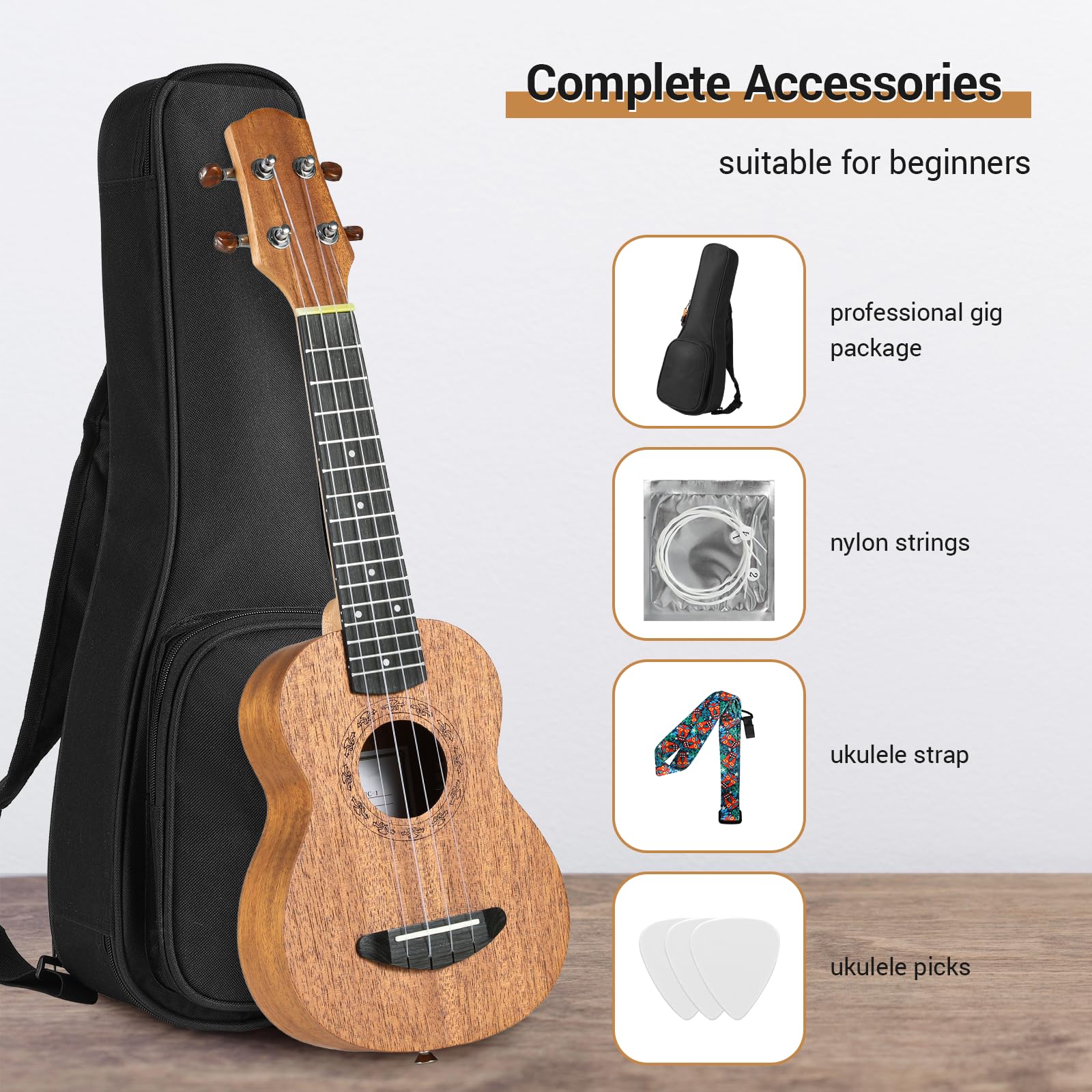 Ukulele Kinder Erwachsene Anfänger, 21 Zoll Sopran Ukulele Handcraft, Mahagoni Holz Hawaii Gitarre mit Saiten Gurt Plektren Professioneller Gigbag, Kleine Instrument Kindergitarre ab 6 jahre, Braun