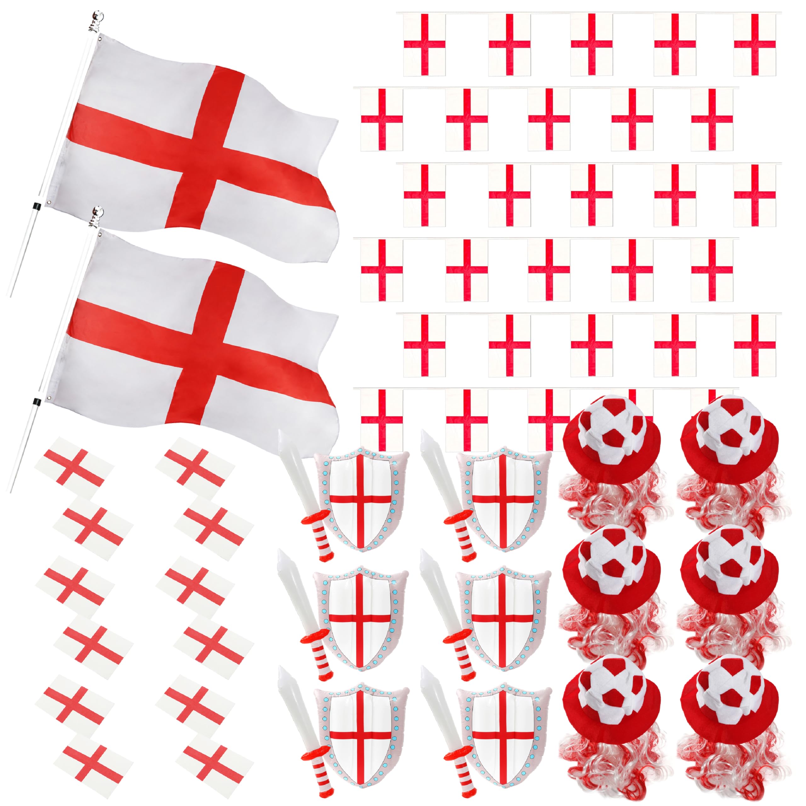 England Football Fancy Dress Party Pack - 28 Piece English Football Supporters Bundle - St Georges Flags, English Bunting, Inflatable Swords & Shields, England Tattoos & Football Hats